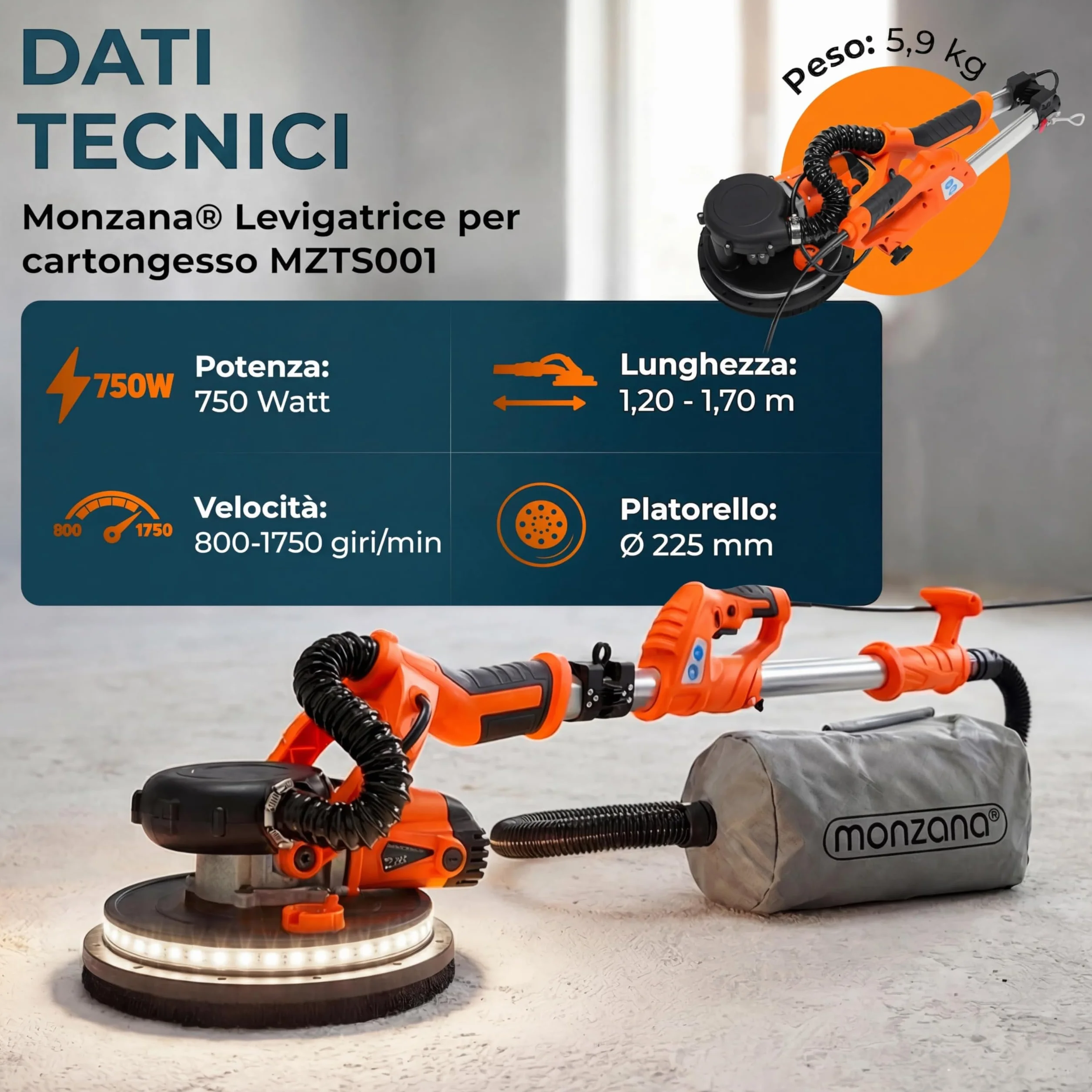 MONZANA Levigatrice Muro 750W Telescopica Cartongesso Giraffa 12 Dischi Abrasivi