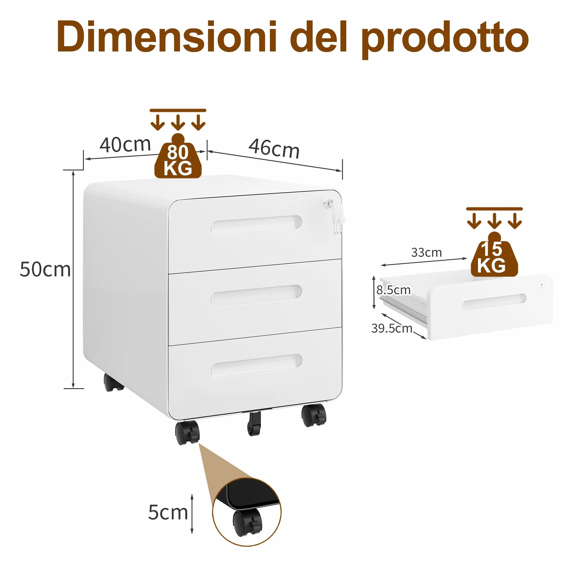 Cassettiera Scrivania Mobile in Acciaio con Serratura 3 Cassetti 46x40x50 cm Bianco