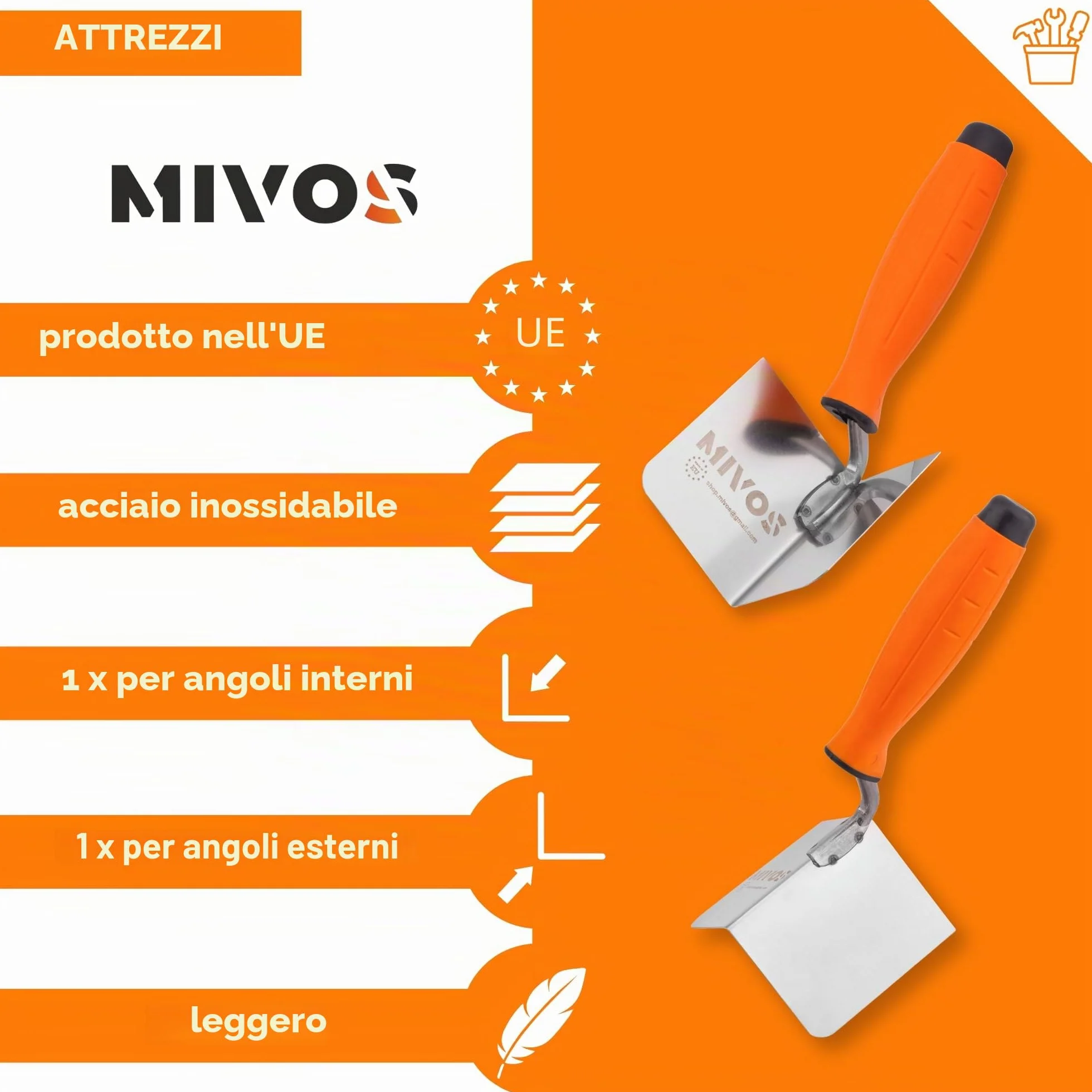 Mivos 2 x Spatole Angolari Antiruggine 80 x 60 mm - Cazzuola Angolare Interna ed Esterna in Acciaio Inox - Cazzuola per Bordi Interni ed Esterni con Impugnatura Morbida - Spatola Angolare per Stucco