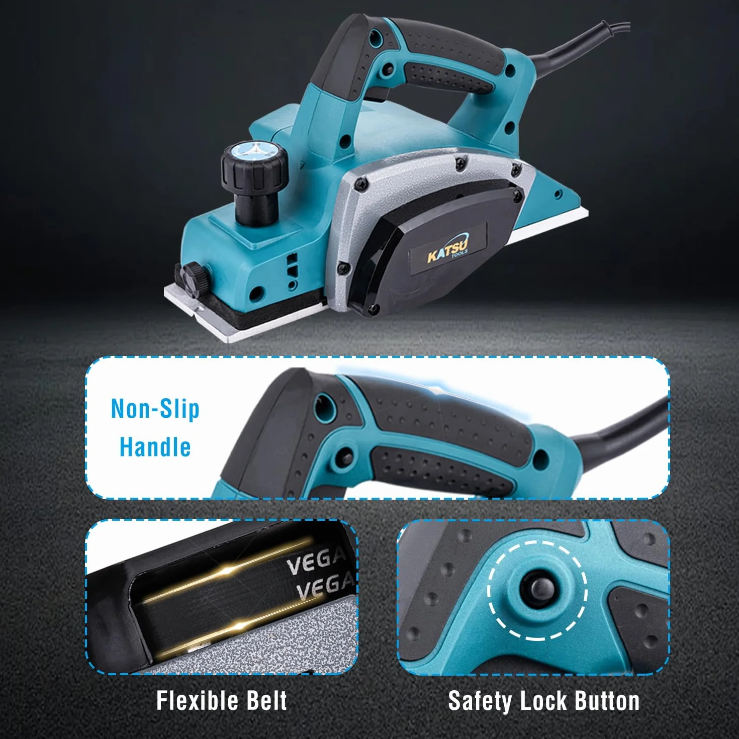 KATSU Tools Pialla elettrica 600W, pialla per legno portatile con cavo, larghezza di piallatura 82 mm, profondità di truciolo 2 mm, per la lavorazione del legno, porte e mobili per casa 101719