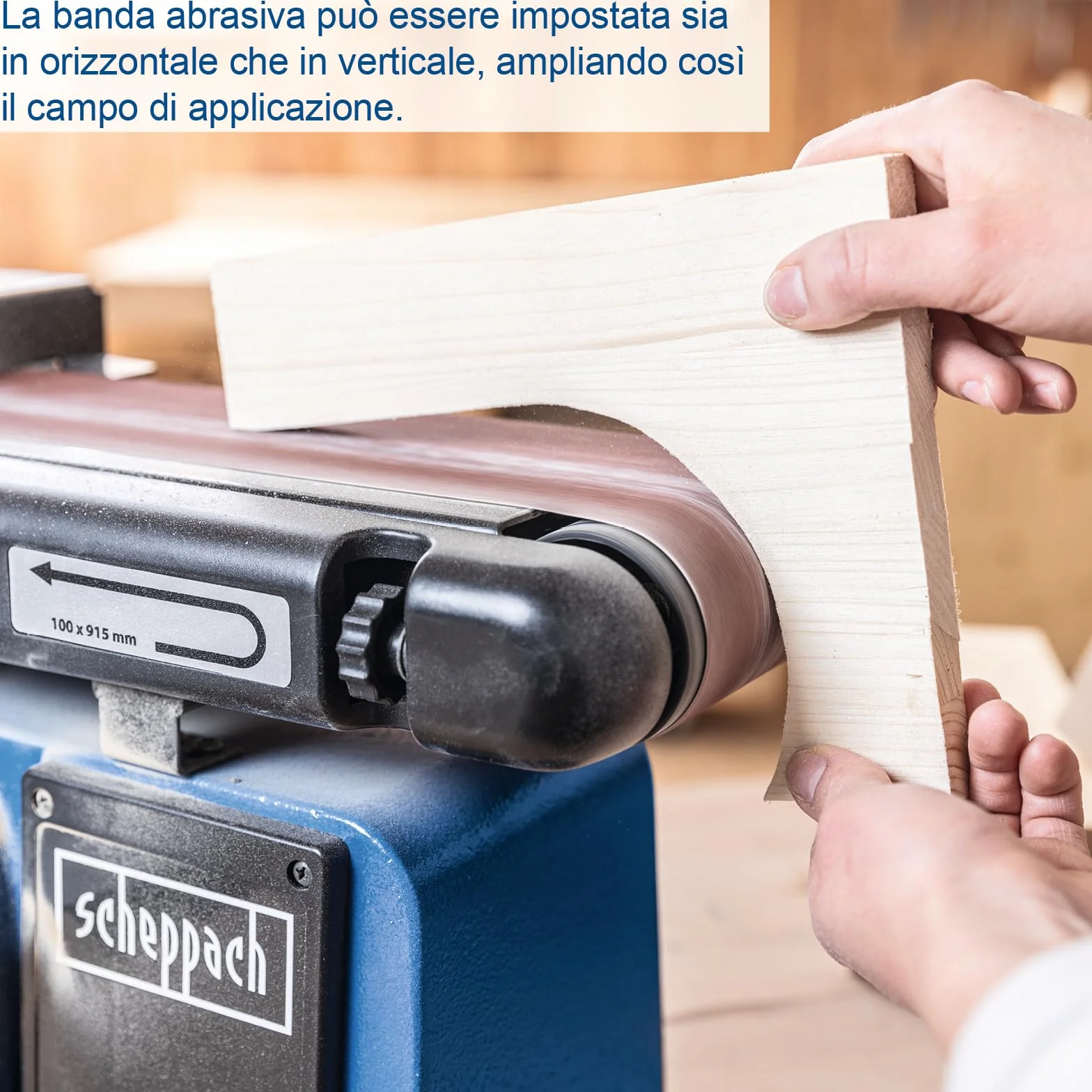 Levigatrice a nastro e disco Scheppach BTS800 | Potenza 370 W | Lunghezza nastro 715 mm - larghezza 100 mm | Disco abrasivo Ø 150 mm | Tavolo di appoggio regolabile 90°–45°