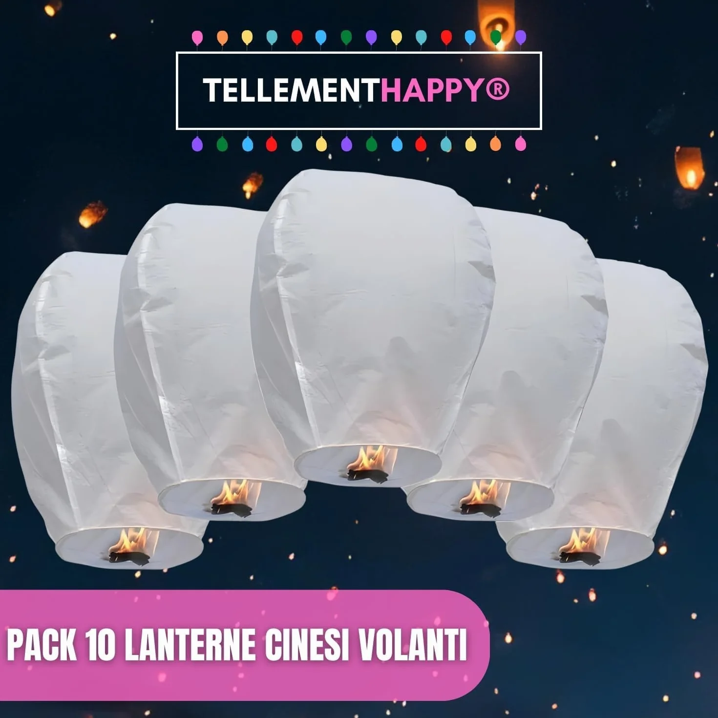 Lanterne Cinesi Volanti Giganti 90x60cm, 100% Biodegradabili Carta di Riso, Sky Lanterns Bianche - 10 Pezzi