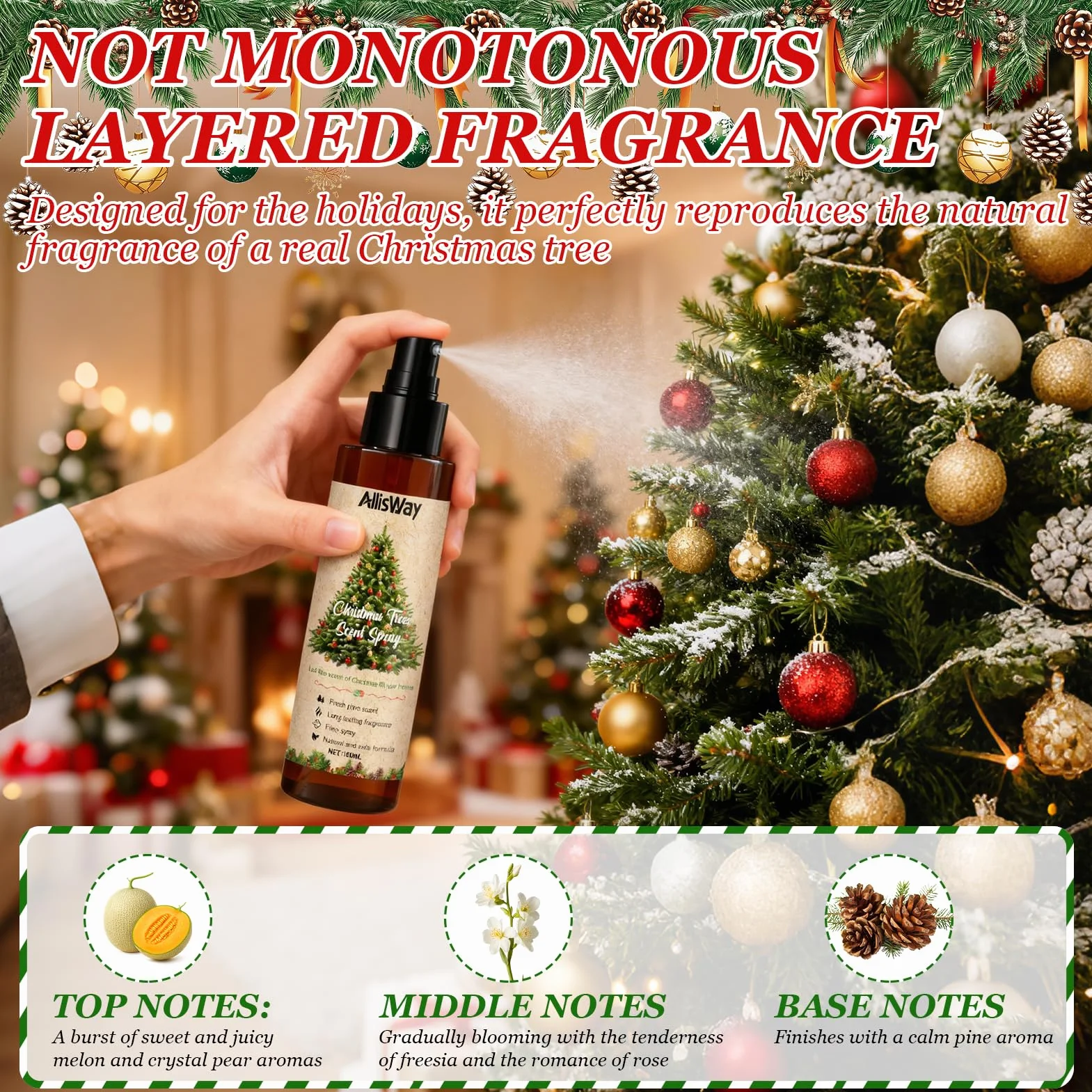 Fragranza per albero di Natale, deodorante per Natale, profumo fresco di pino, che crea un'atmosfera festosa, adatto per alberi di Natale, interni o vestiti, 100 ml