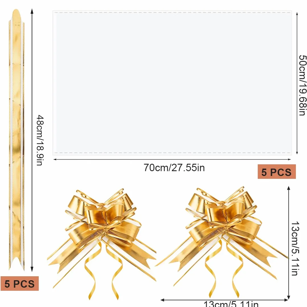 Set di Sacchetti Grandi in Cellophane per Cesti Regalo, 5 Pezzi, Inclusi 5 Fiocchi e Lacci, Trasparenti per Confezioni e Bouquet Natalizi, Cellophane Trasparenti per Regali (50 x 70 cm)