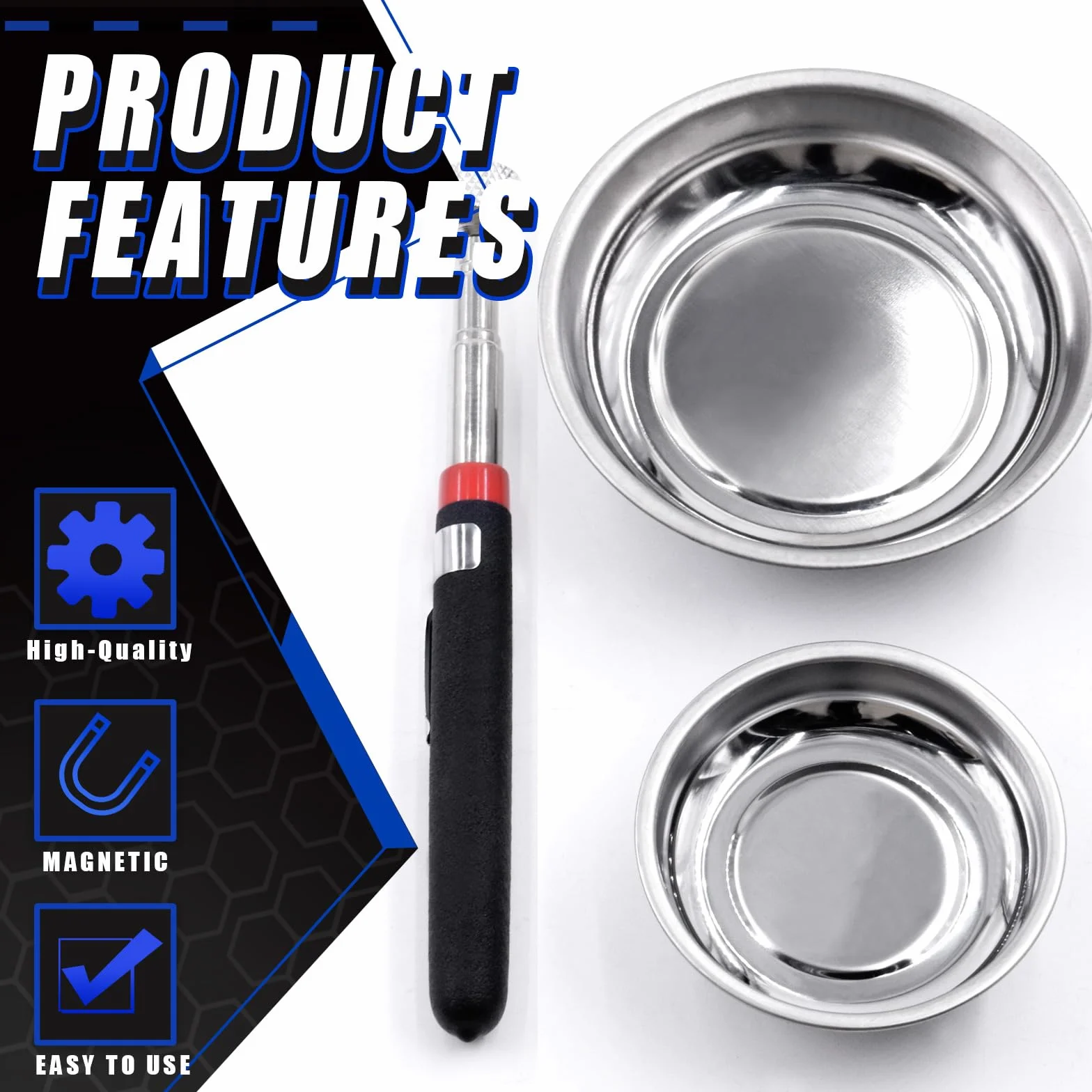 Glarks 4 vassoi magnetici per attrezzi con set di strumenti magnetici, 3 "4" 10,2 cm 15,2 cm ciotole magnetiche rotonde strumenti vassoio supporto e 4,5 kg telescopico magnete Pickup Stick per presa