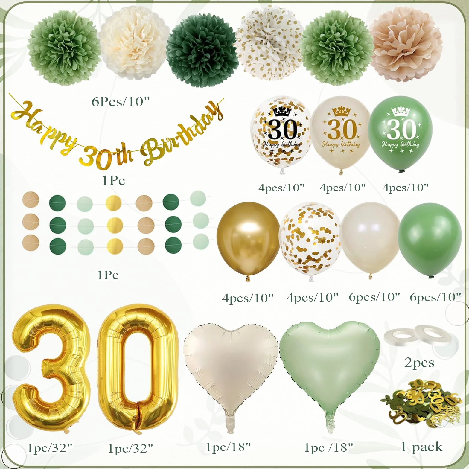 Palloncini 30 Anni Compleanno Verde Oro,Decorazioni 30 anni Compleanno Donna Uomo,Festone Happy 30th Birthday,Pompons, Palloncino Cuore Riutilizzabile,30 Anni Decorazioni Festa Compleanno