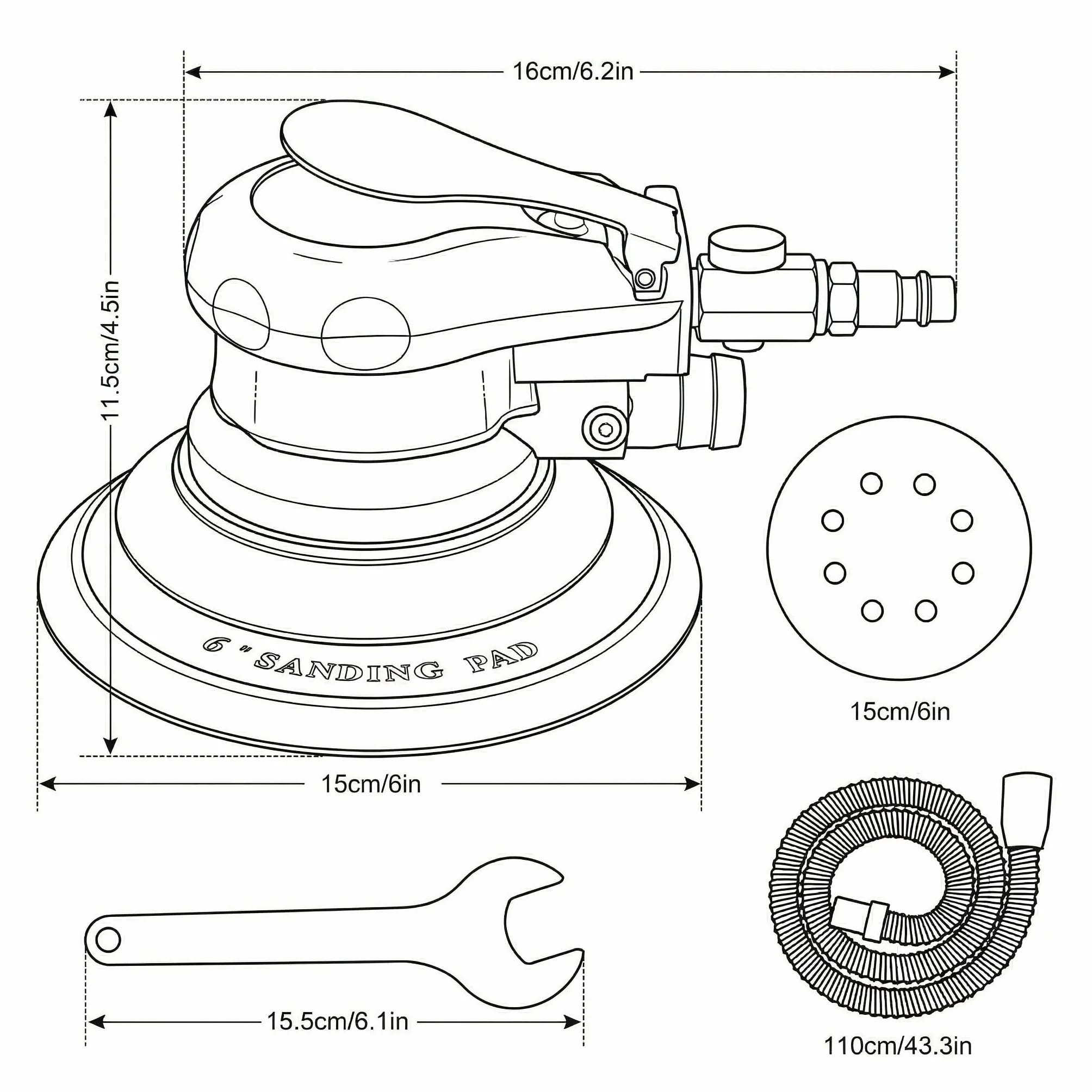 Levigatrice Rotorbitale Pneumatica ORAZIO 6" 150mm Random Orbitale A Doppia Azione con Carta Vetrata e Accessori