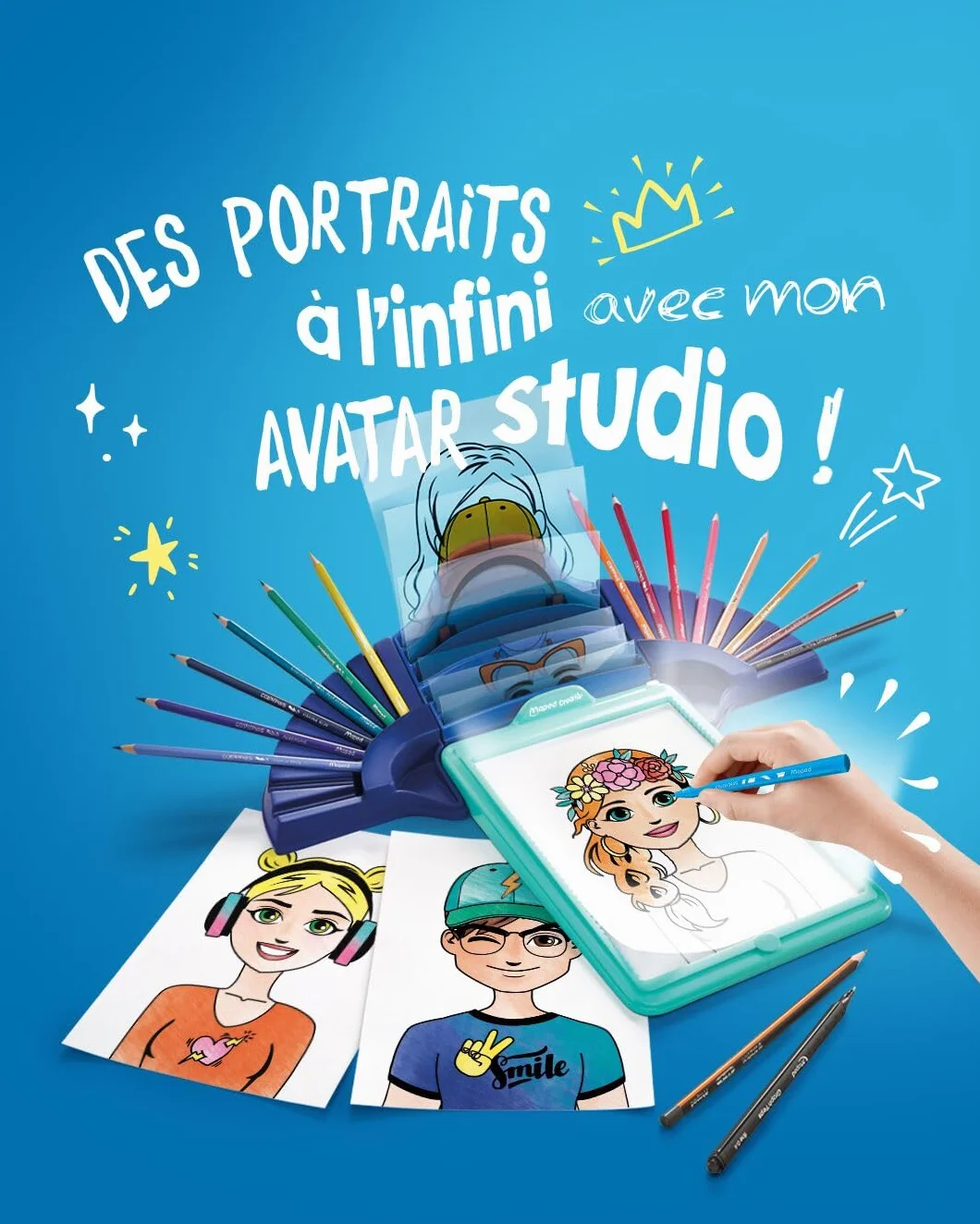 Maped - Artigianato per bambini - Avatar Studio - Collezione Creativ - Scatola luminosa da colorare - Include macchina da disegno con luce e 36 modelli per calcare - Calca e colora avatar