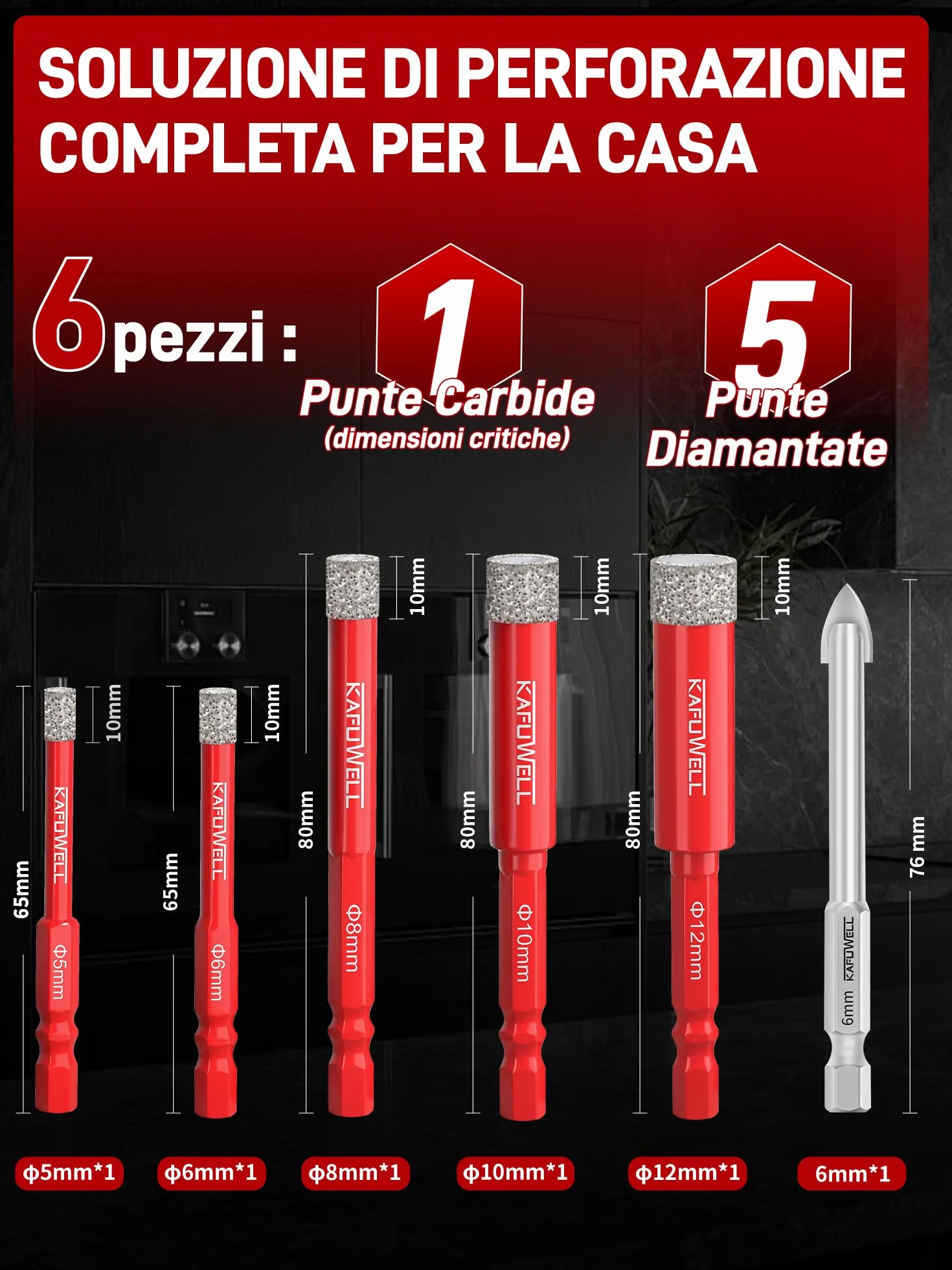6pz Punte Trapano Diamantate per Gres Porcellanato, 5-12mm Punte Diamante, 6mm CarbidePunte, gambo esagonale, per Ceramica, Quarzo, Vetro, Granito, Mattone, Marmo, Porcellana, Gres Fine