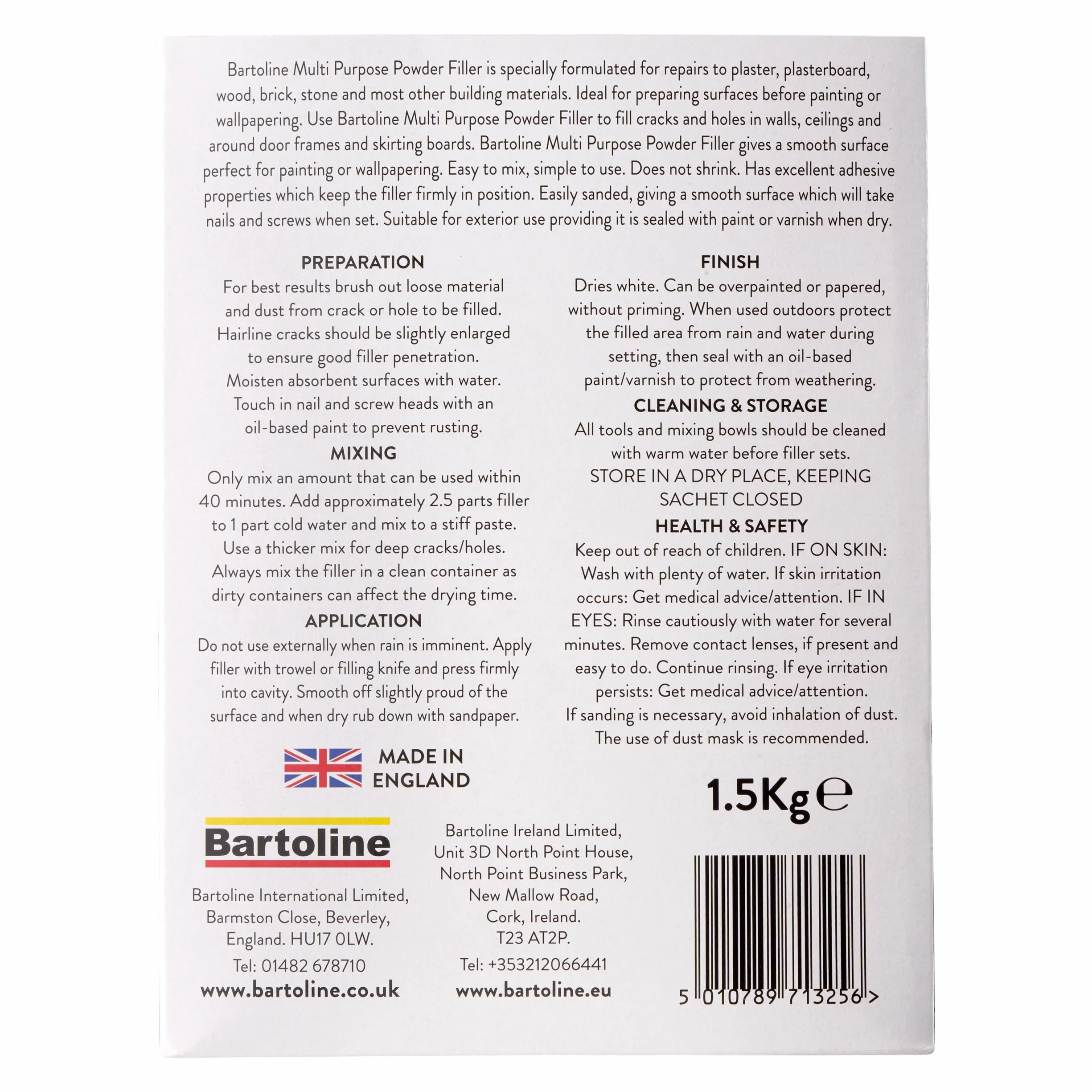 Bartoline Stucco in Polvere Multiuso 1,5 kg – Finitura Resistente e Liscia per Intonaco, Legno, Mattoni e Pietra – Facile da Preparare e Carteggiare