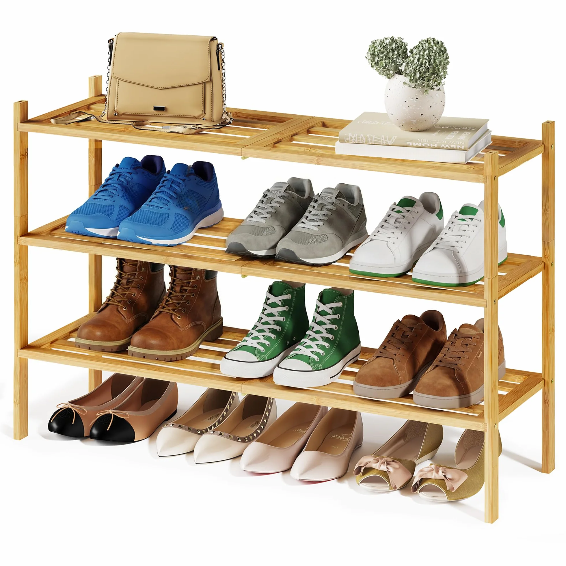 SONGMICS Scarpiera in Bambù, 3 Ripiani, Impilabile, Slim, Scaffale per Ingresso Soggiorno Camera da Letto Garage, per 12-16 Paia di Scarpe, 25 x 70 x 51,5 cm, Colore Naturale LBS053YL01