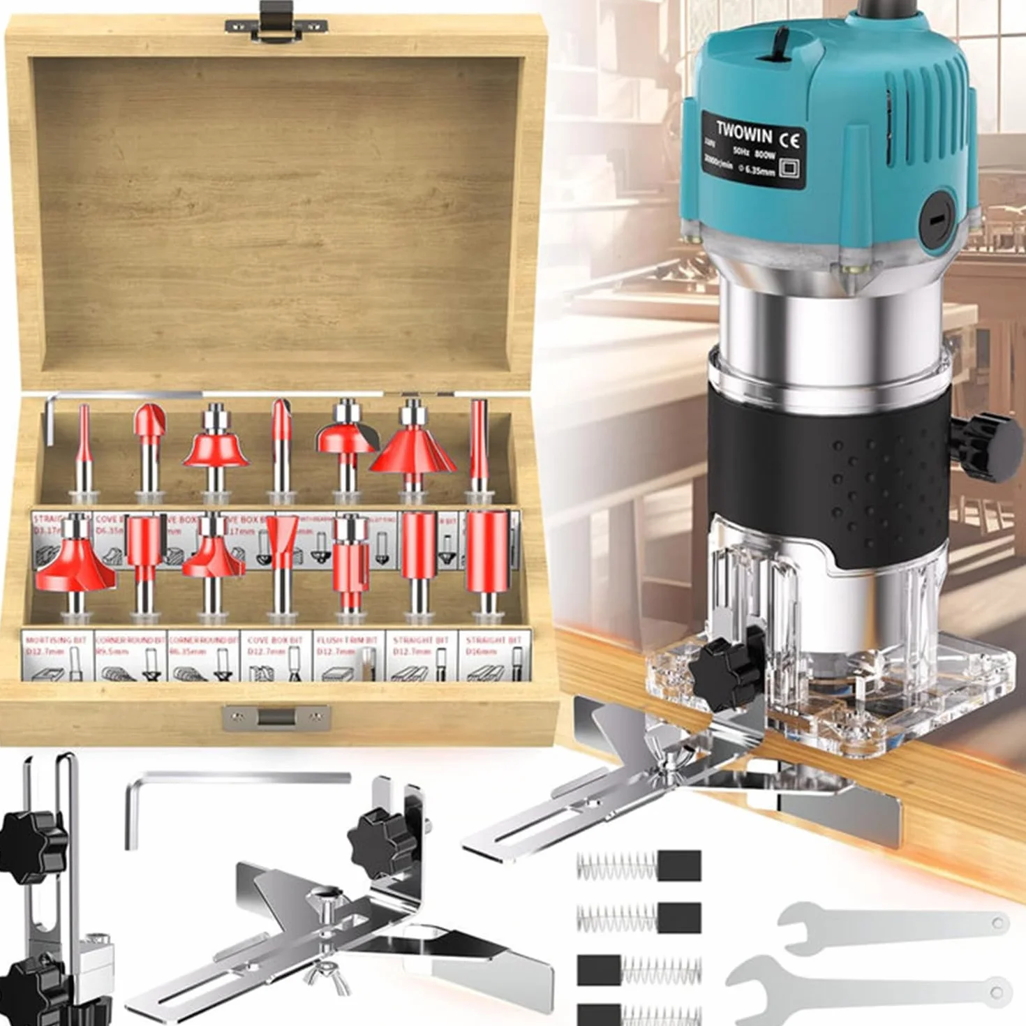Fresa per legno, fresatrice per legno, fresatrice per legno, fresa multifunzione 30000R/MIN 800 W + 15 frese in metallo duro da 6,35 mm