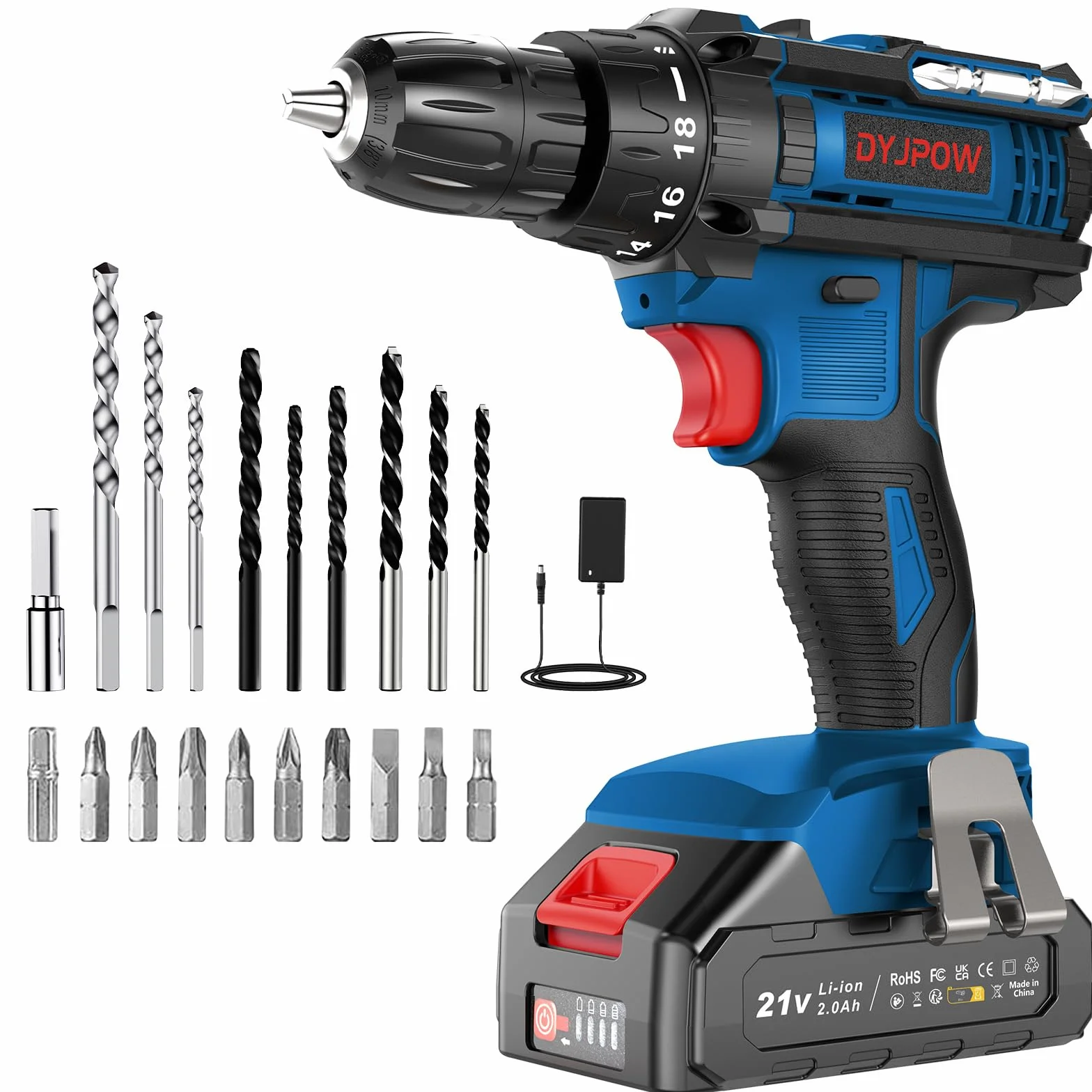 Trapano Avvitatore Batteria 21V, Avvitatore a Batteria con Batterie da 2.0Ah, 42N.m di Coppia, 2 Velocità, 18+1 Coppia, 22 Accessori, Luce a LED, Per il fai da te, in Casa e Giardino, Blu