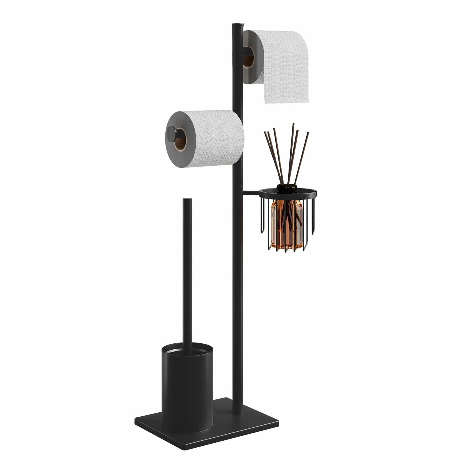 Porta carta igienica set in acciaio inox Nero, autoportante, completo di scopino WC e cestino porta oggetti, perfetto per organizzare il bagno con eleganza e praticità