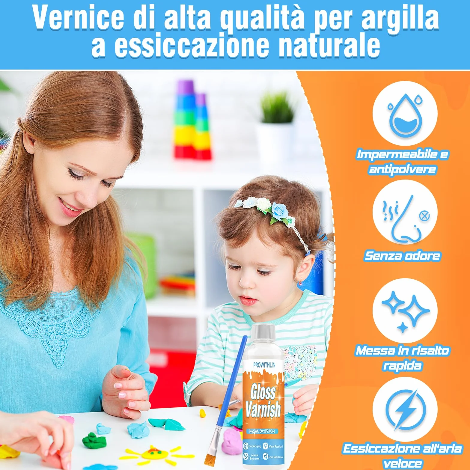 prowithlin - Vernice Trasparente Lucida per Argilla a Secco - Vernice per Ceramica, Legno, Pittura ad Olio - Resistente all'Acqua, Graffi e Usura - 60ml con 2 Pennelli