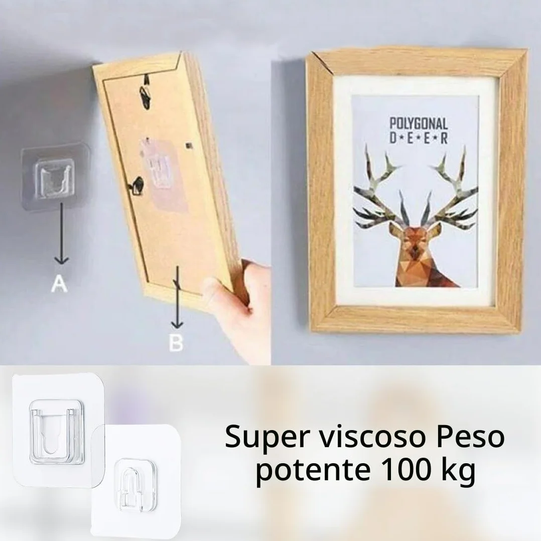 JEYORZY Ganci adesivi, 8 paia di ganci da parete a doppia faccia, ganci autoadesivi a doppia faccia, ganci adesivi trasparenti, ganci multifunzionali, senza forare, rimovibili, per appendere Quadri