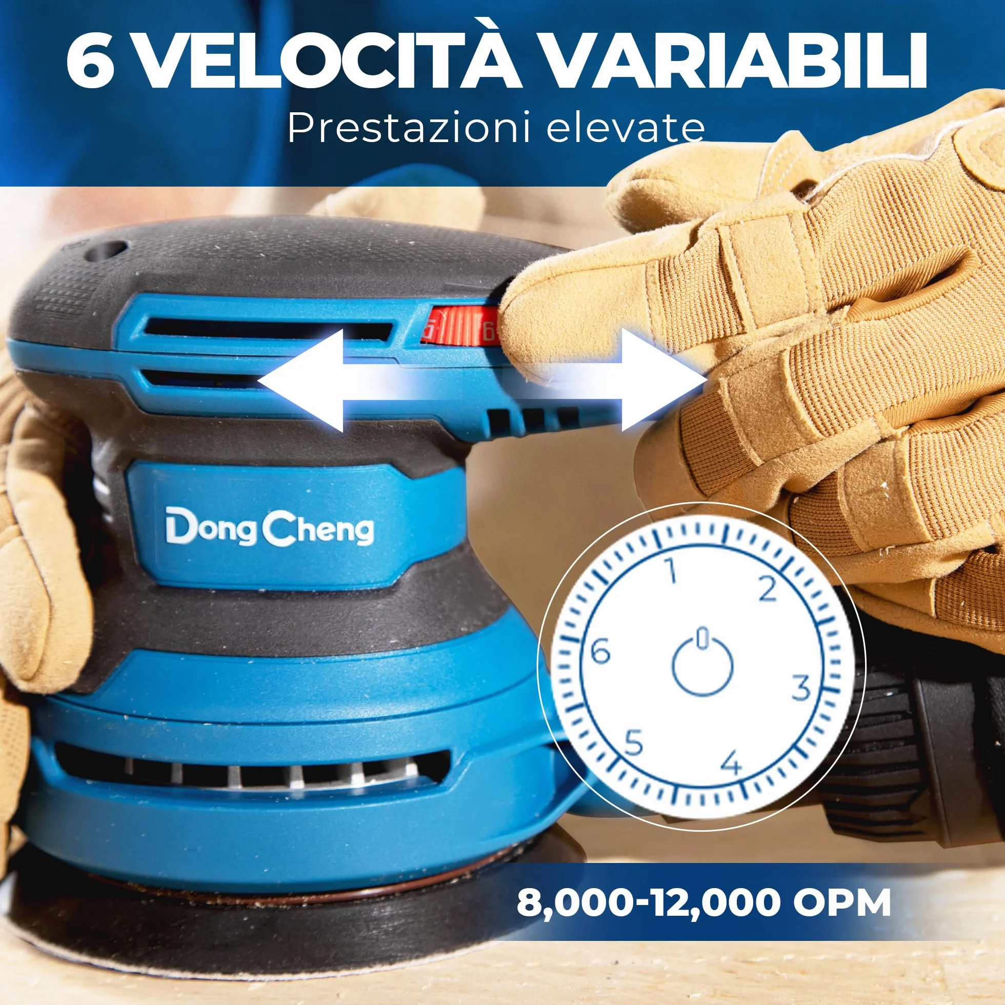 Dong Cheng Levigatrice eccentrica 380 W 125 mm 6 vel. 8000-12800 giri/min con depolveratore 20 dischi abrasivi