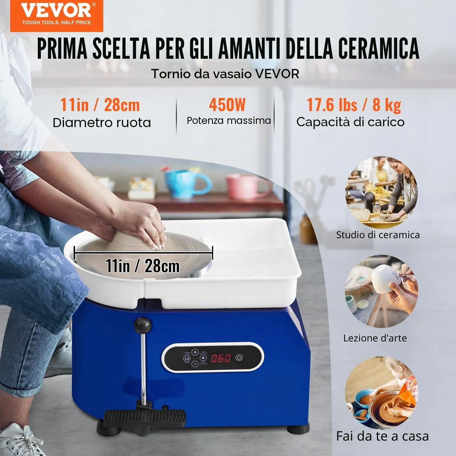 VEVOR Tornio per Ceramica Argilla con Pedale 450 W Diametro 28 cm Velocità 60-300 giri/min, Macchina Ruota di Ceramica Fai-da-te Hobbista Controllo con Schermo LCD 450W Livello di Rumore entro 60 dB