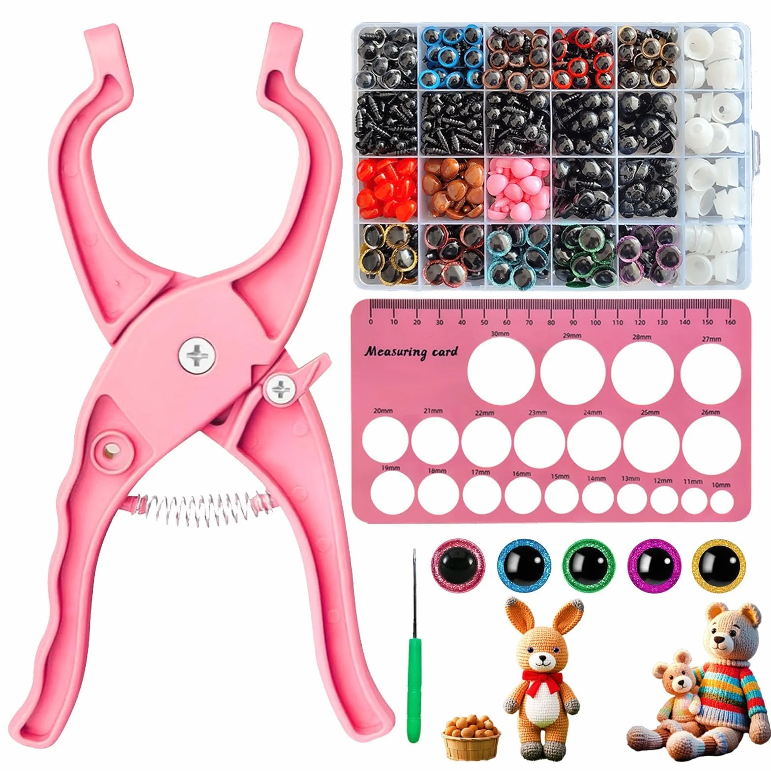 Kit Strumento Occhi di Sicurezza Rosa 1150 PCS con Pinza Ergonomica per Occhi Amigurumi 3D Glitter, 5-30 mm per Animali all’Uncinetto, Pupazzi e Peluche, Accessori Fai da Te con Rondelle e Nasi