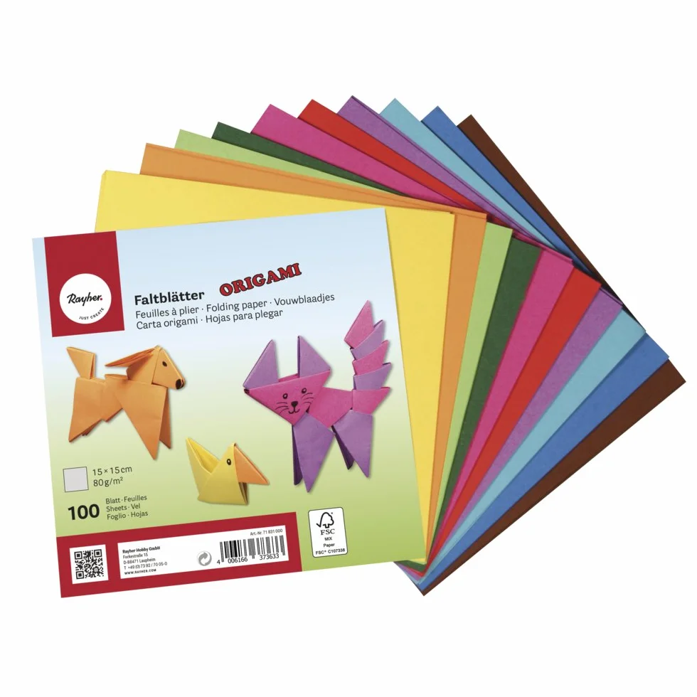 Rayher 3371831000 Carta Origami, 100 Fogli Assortiti in 10 Colori Base Bilaterali, 15X15Cm, 80G/M2, per Bambini Ed Adulti, Lavorazioni con Carta Bricolage