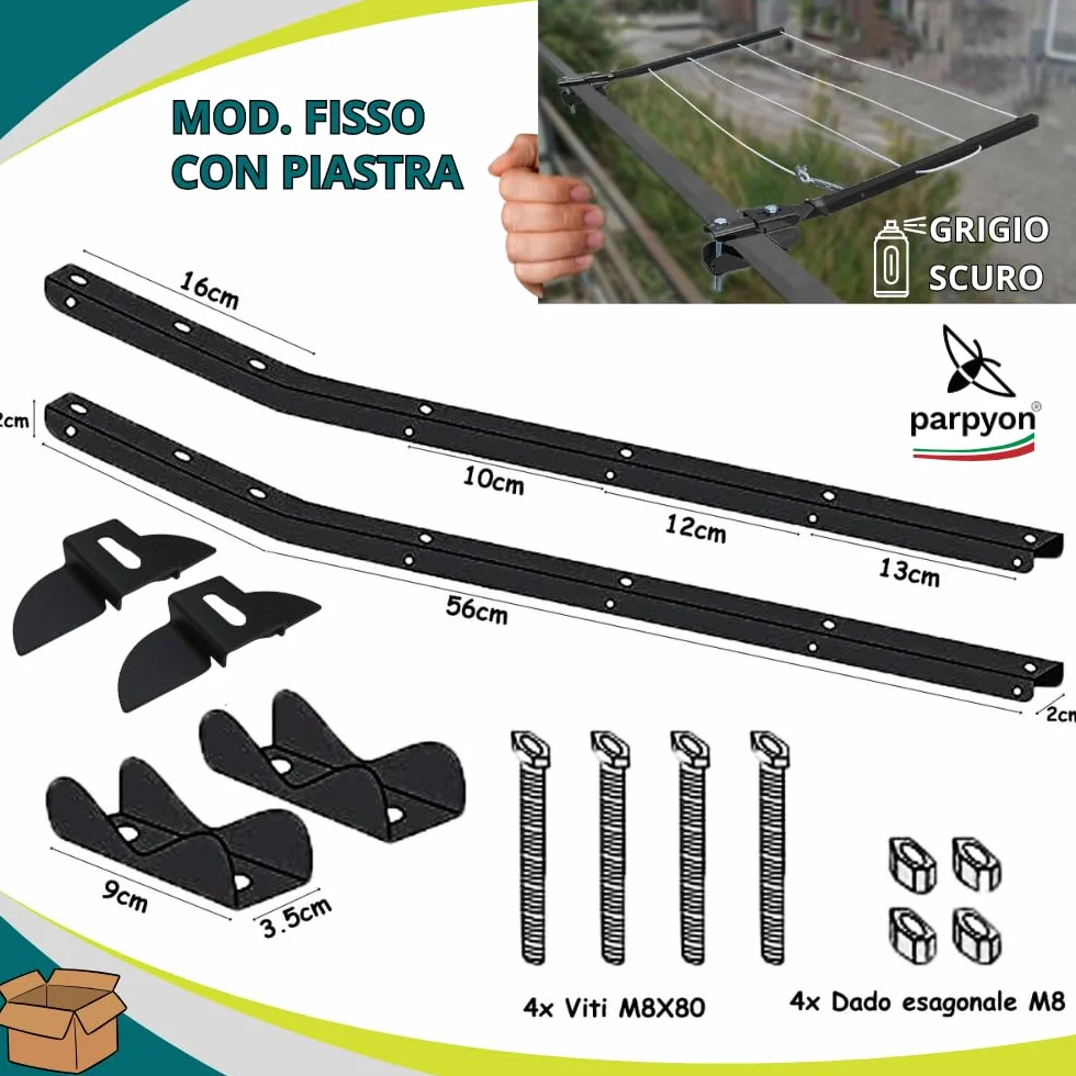 parpyon® Bracci Stendibiancheria da balcone esterno, Stendibiancheria da parete o ringhiera in ferro per filo per stendere il bucato prodotto 100% Italiano (Fisso c/piastra, Grigio scuro)