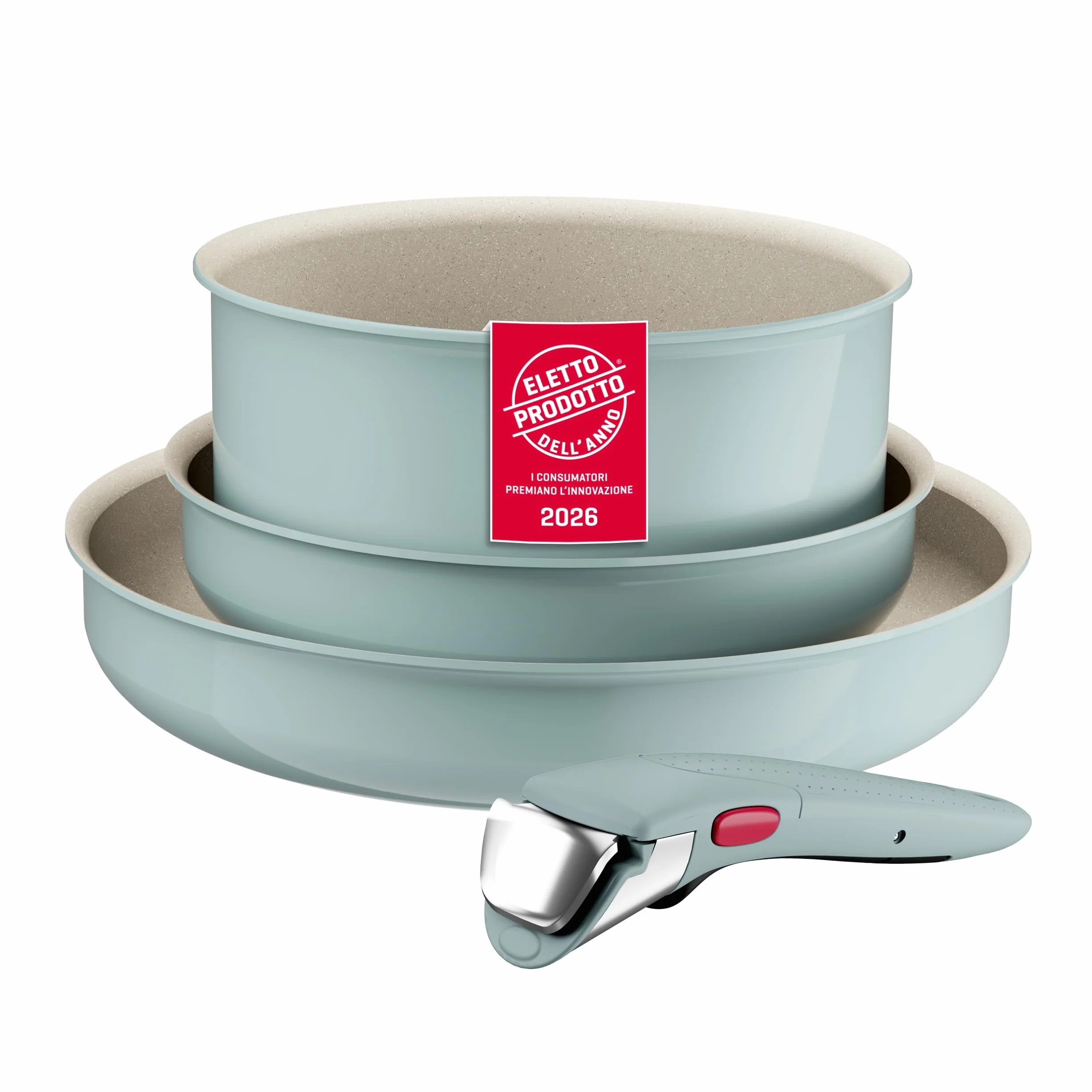 Lagostina Ingenio Pastel, Set di Padelle Antiaderenti 4 Pezzi con Manico Rimovibile, Compatibili con Induzione e Forno, Design Salvaspazio, Colore Salvia