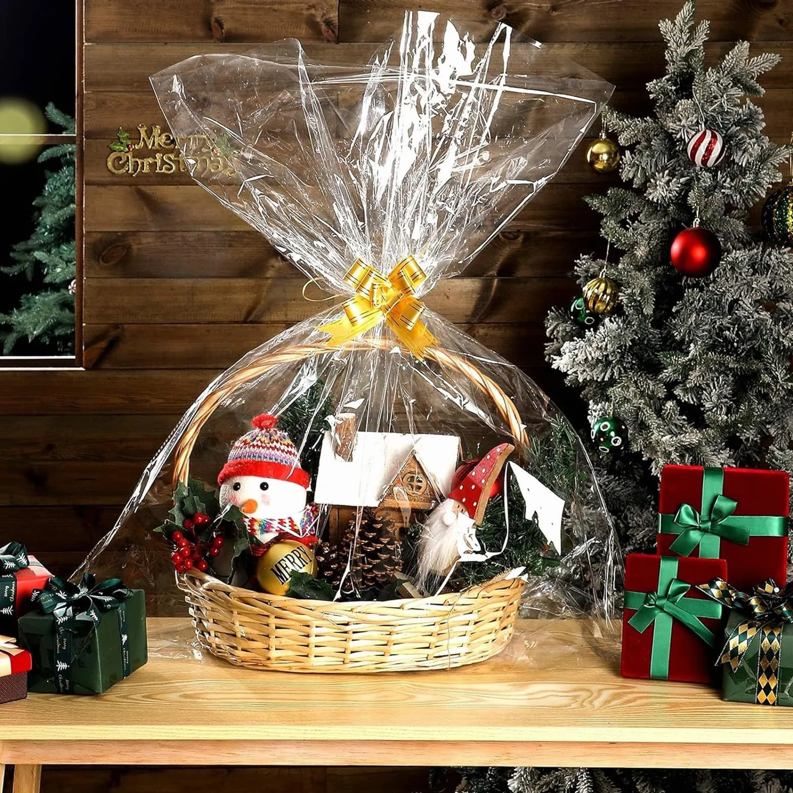 INNAL Set di 20 Sacchetti Regalo in Cellophane, 10 Grandi Sacchetti Regalo Trasparenti in Cellophane 100x70cm, Carta Regalo, Sacchetti in Cellophane con 10 Fiocchi da Tirare per Regali, Cestini