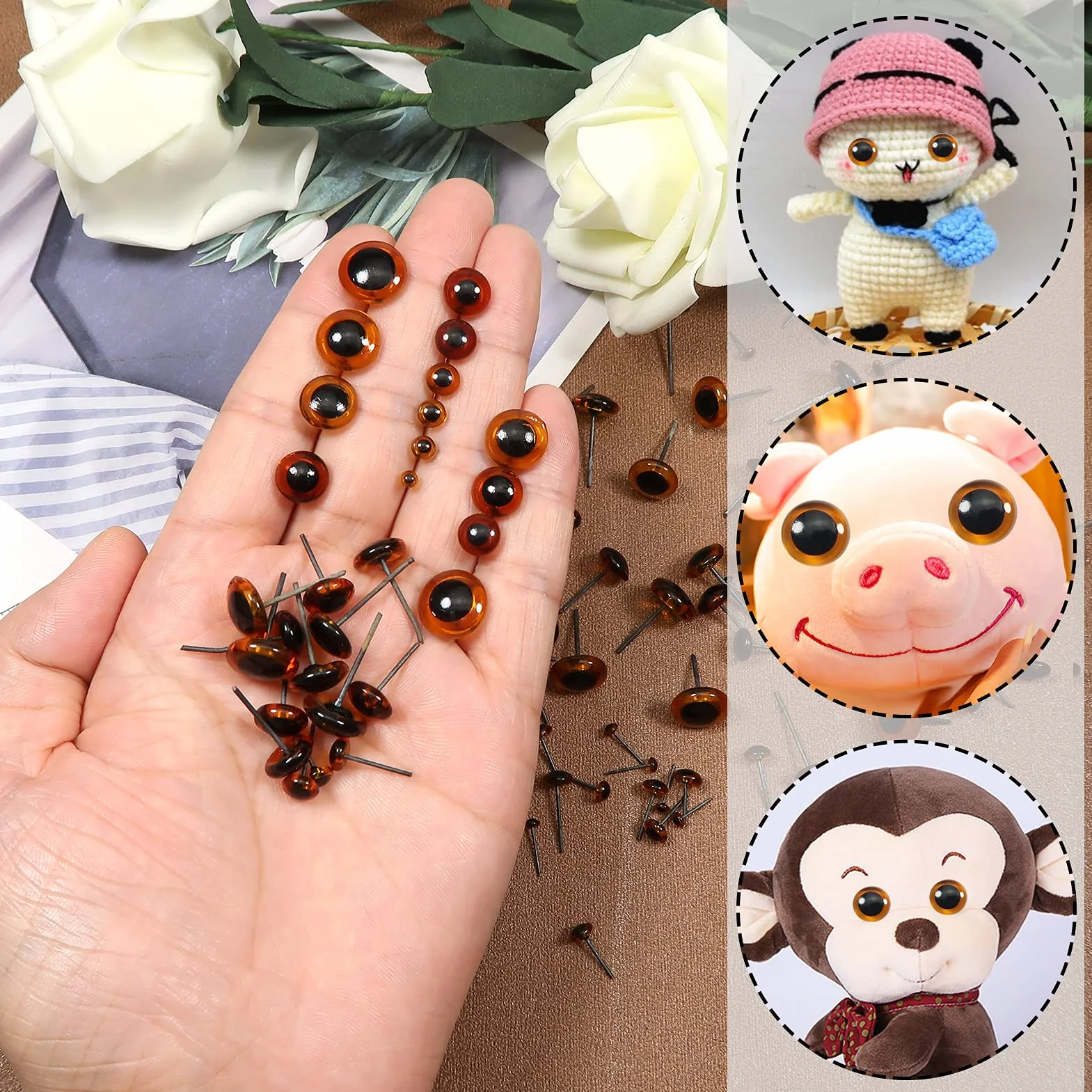 TOAOB 100 Pezzi Occhi di Sicurezza per Amigurumis Marrone Chiaro Occhi Giocattolo in Vetro 3mm a 12 mm per Lavoretti Fai da Te Creazione Bambole Pupazzi Artigianato