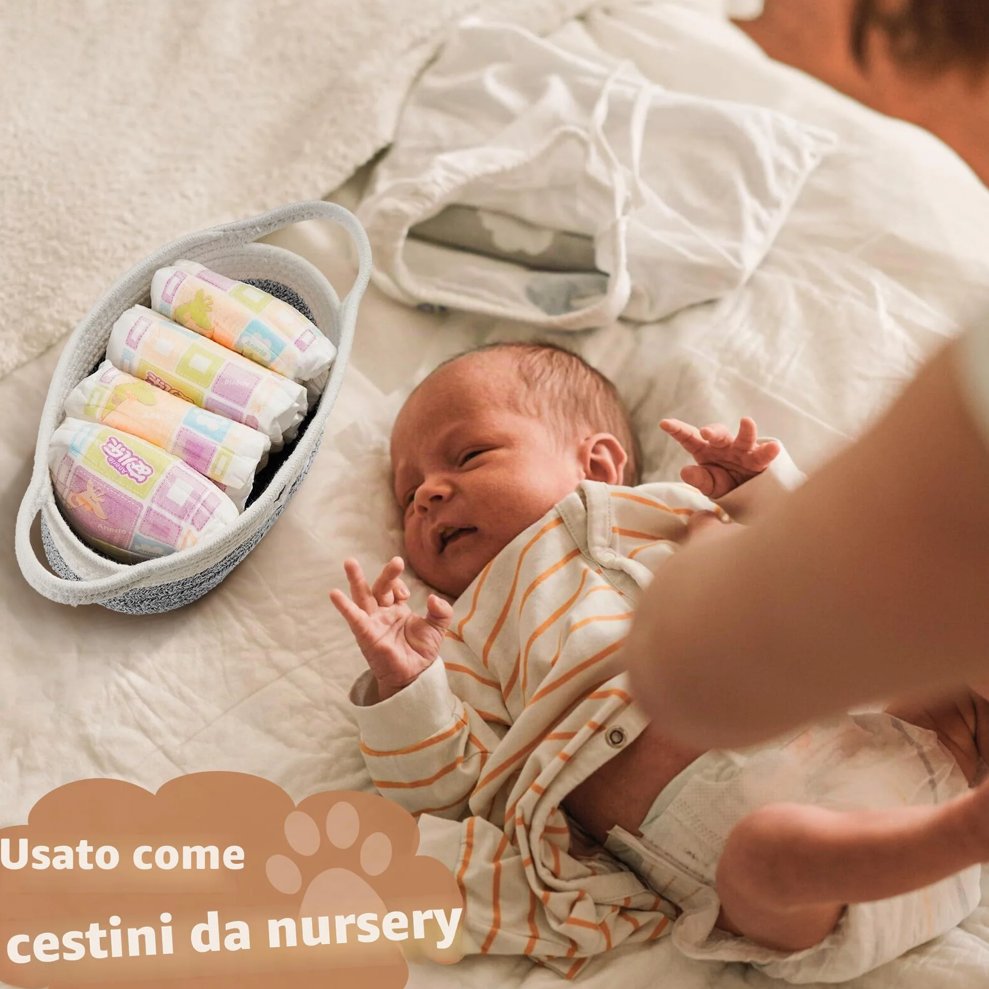 Cesto portaoggetti intrecciato in corda di cotone con manici – Cesto porta-giocattoli per bambini, Cestini portaoggetti per la cameretta dei bambini – Organizzatore di giocattoli per animali domestici