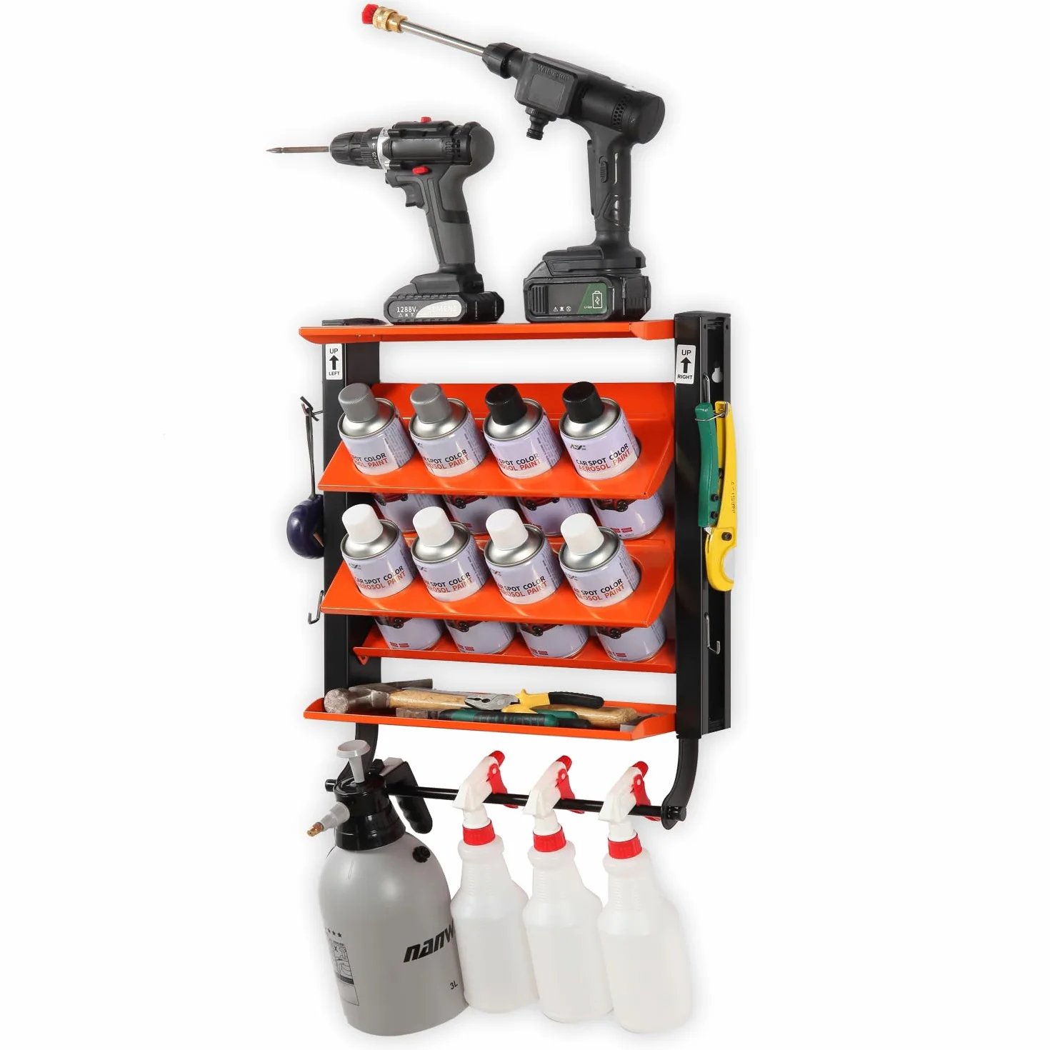 Wallmaster Supporto per bombolette spray, supporto da parete per bombolette lubrificanti, resistente, organizer per bottiglie di vernice per garage e casa, 8 fori per lattine e 2 ripiani