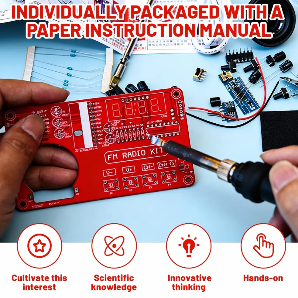 Kit per esercizi di saldatura elettronica con radio digitale e display, kit per elettronica fai da te con modulo di ricarica per principianti, studenti e formazione STEM, pratico set di apprendimento
