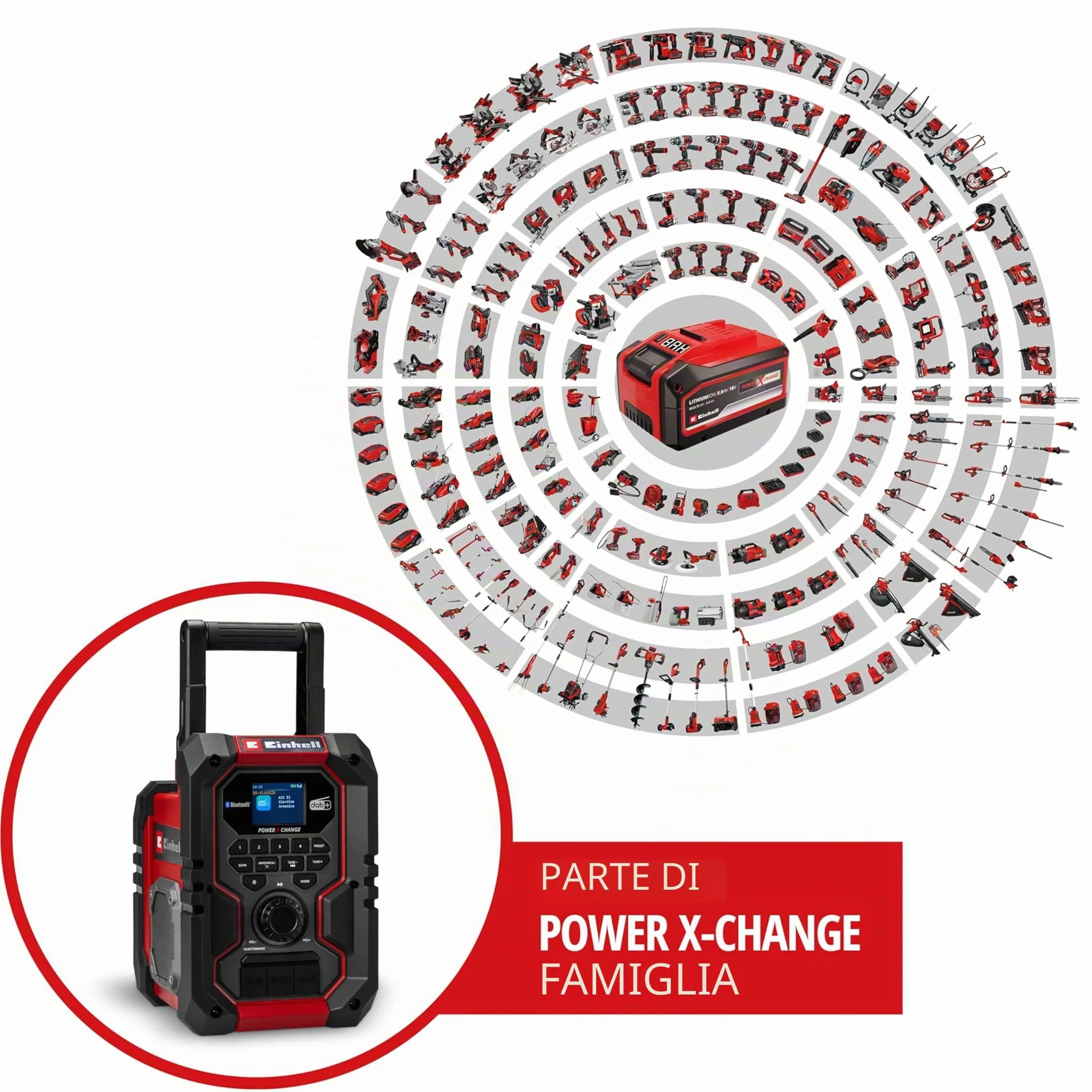 Radio da cantiere Einhell TE-CR 18 Li DAB+/FM/BT - Solo Power X-Change (18 V, DAB+, FM, Bluetooth, AUX, USB, ricerca automatica dei canali, display TFT a colori, IP65, senza batteria)