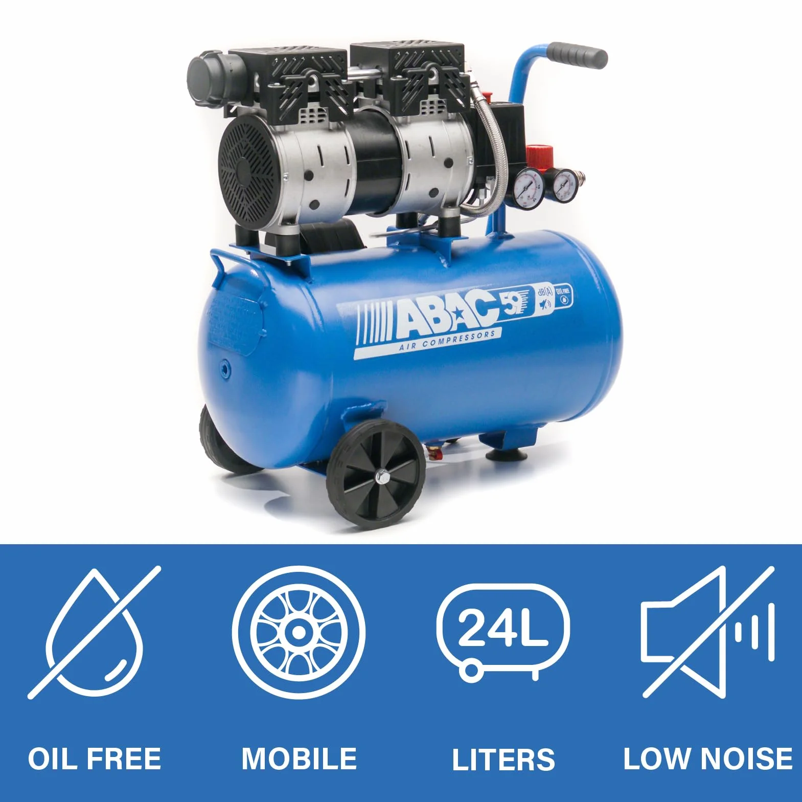 ABAC Compressore d'Aria Silenzioso EASE-AIR 24, Compressore Aria Oil-Free, Pressione Massima 8 Bar, Potenza 1 Hp, Serbatoio 24 Litri, Rumorosità 59 dB