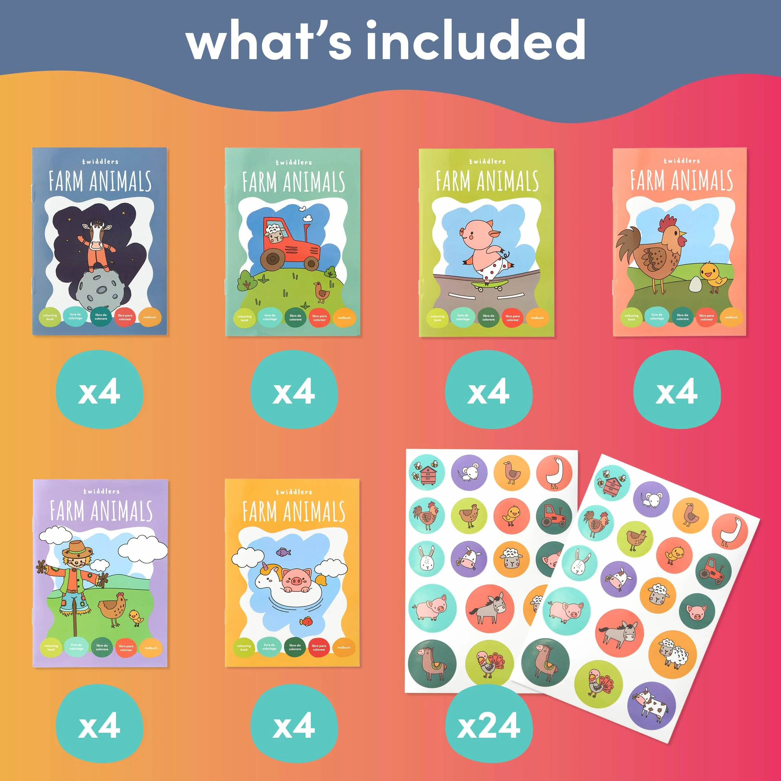 THE TWIDDLERS 24 Mini Libri da Colorare per Bambini A6 Animali della Fattoria con Adesivi