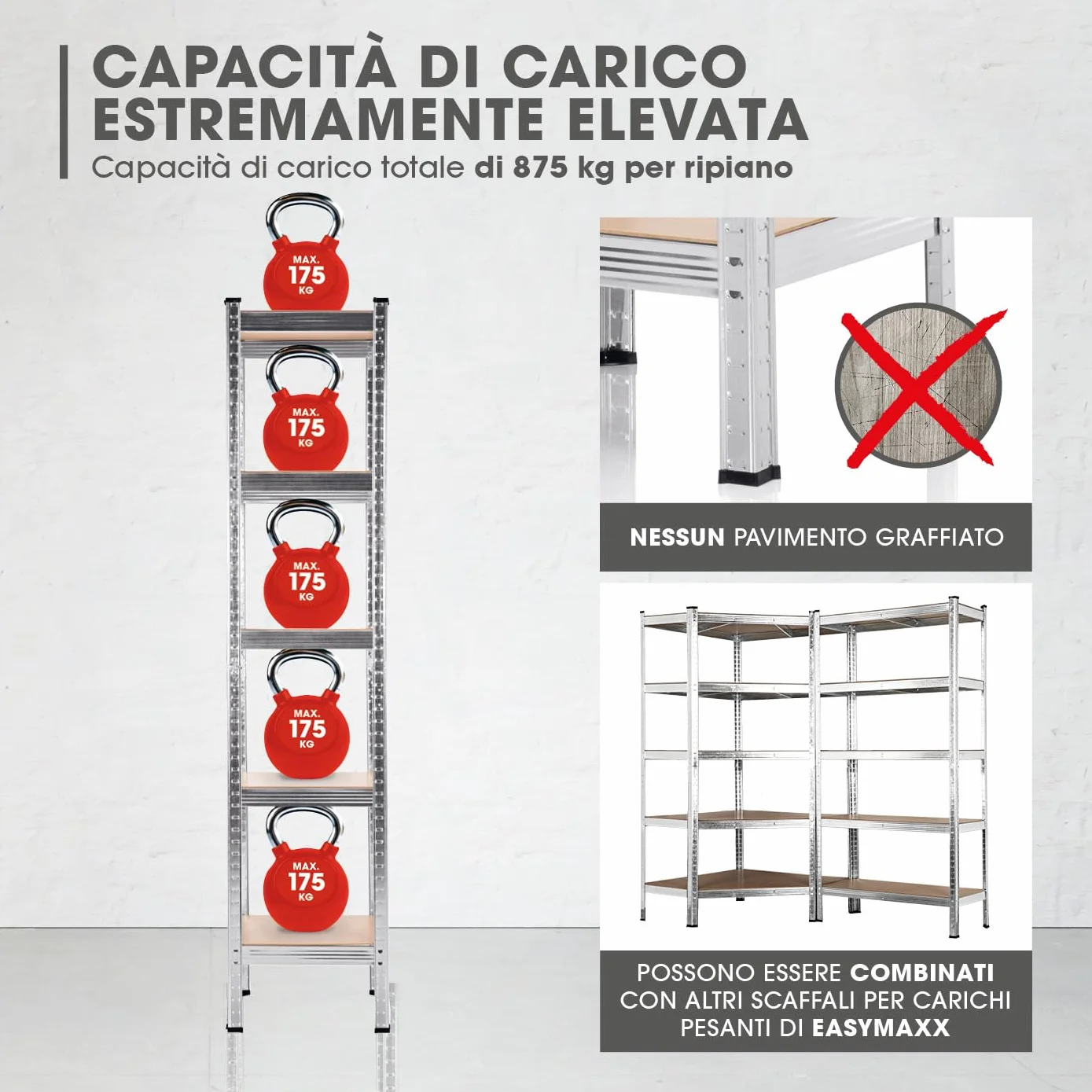 EASYmaxx Scaffale per carichi pesanti, 40 x 40 x 180 cm, portata 875 kg, 175 kg per livello, scaffale e banco da lavoro, scaffale per cantina, garage, sala hobby, officina, 13584