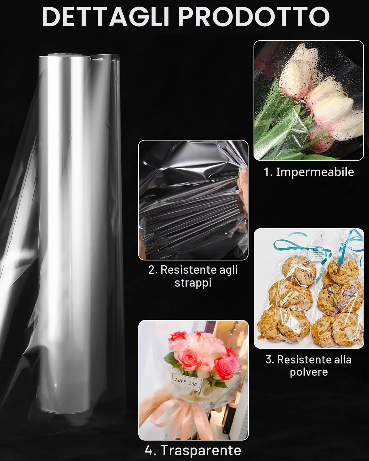 LEAZZLE 86CM x 30M Carta Trasparente per Confezioni,3 Mils Cellophane per Imballaggio, Carta Regalo Rotolo, Cellofan per Imballaggio per Fiori, Regali, Cesti, Imballaggi Artistici(86CM piegato a 43CM)
