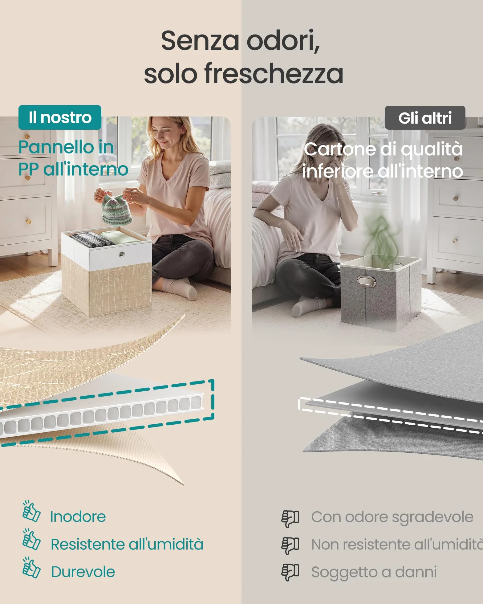 SONGMICS Scatole Portaoggetti Set di 6 Contenitori in Tessuto Pieghevoli 30x30x30 cm Bianco Nuvola Beige Sabbia