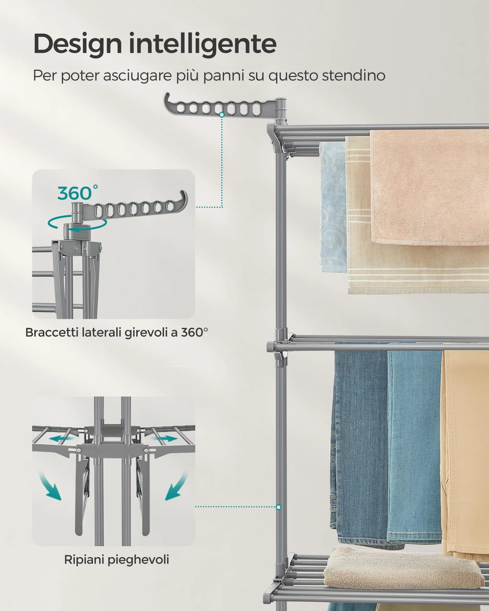 SONGMICS Stendibiancheria, Stendino Pieghevole a 4 Livelli, con Ruote e Ali Richiudibili, 63,5 x 128 x 173 cm, Capiente, Uso Interno ed Esterno, Grigio LLR701G01