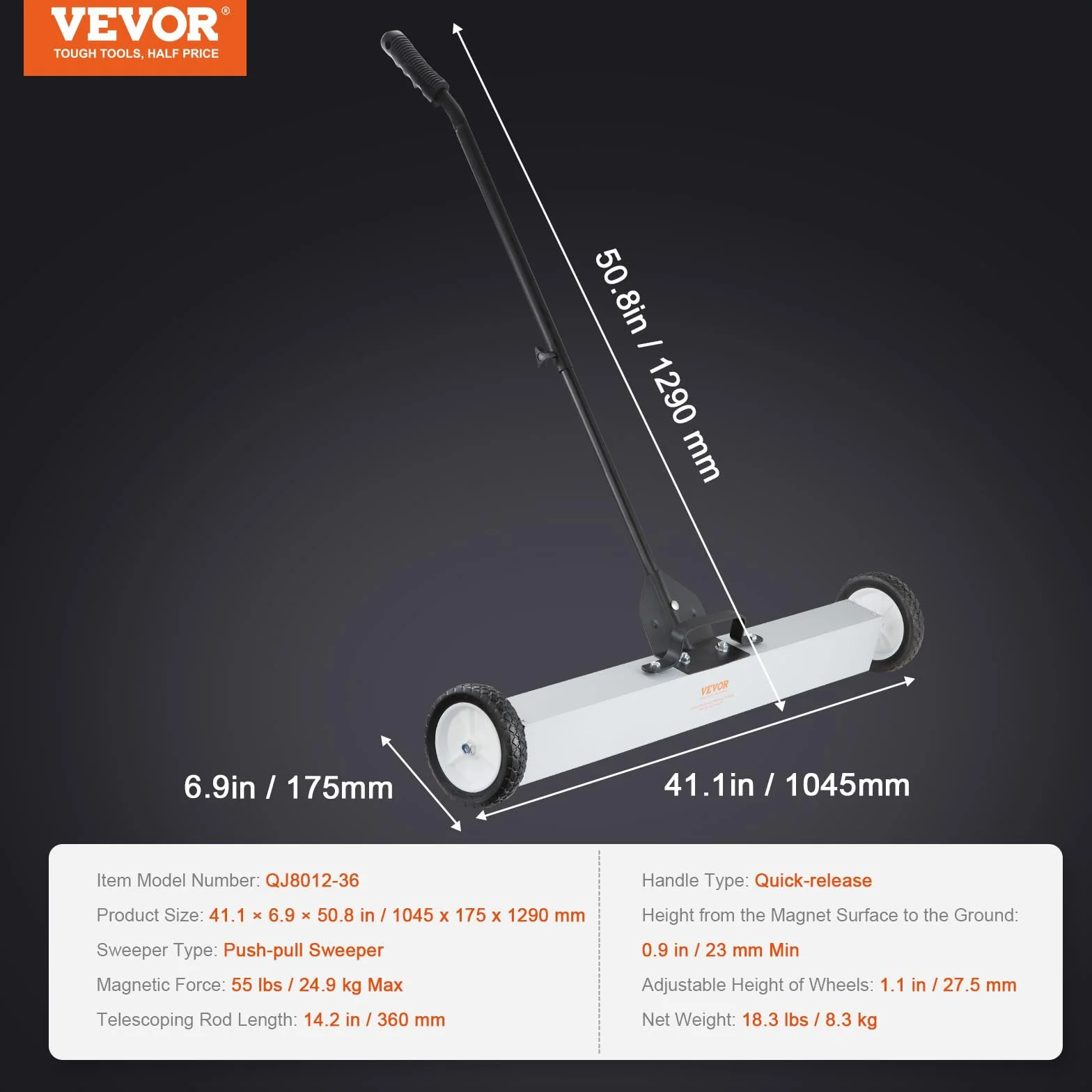 VEVOR Spazzatrice Magnetica Asta Telescopica 77-113cm per Pavimenti Raccoglitore per Piccole Parti Metalliche Forza Magnetica Max. 24,9kg, Scopa Magnetica con Ruote di Raccolta per Chiodi Viti Metalli