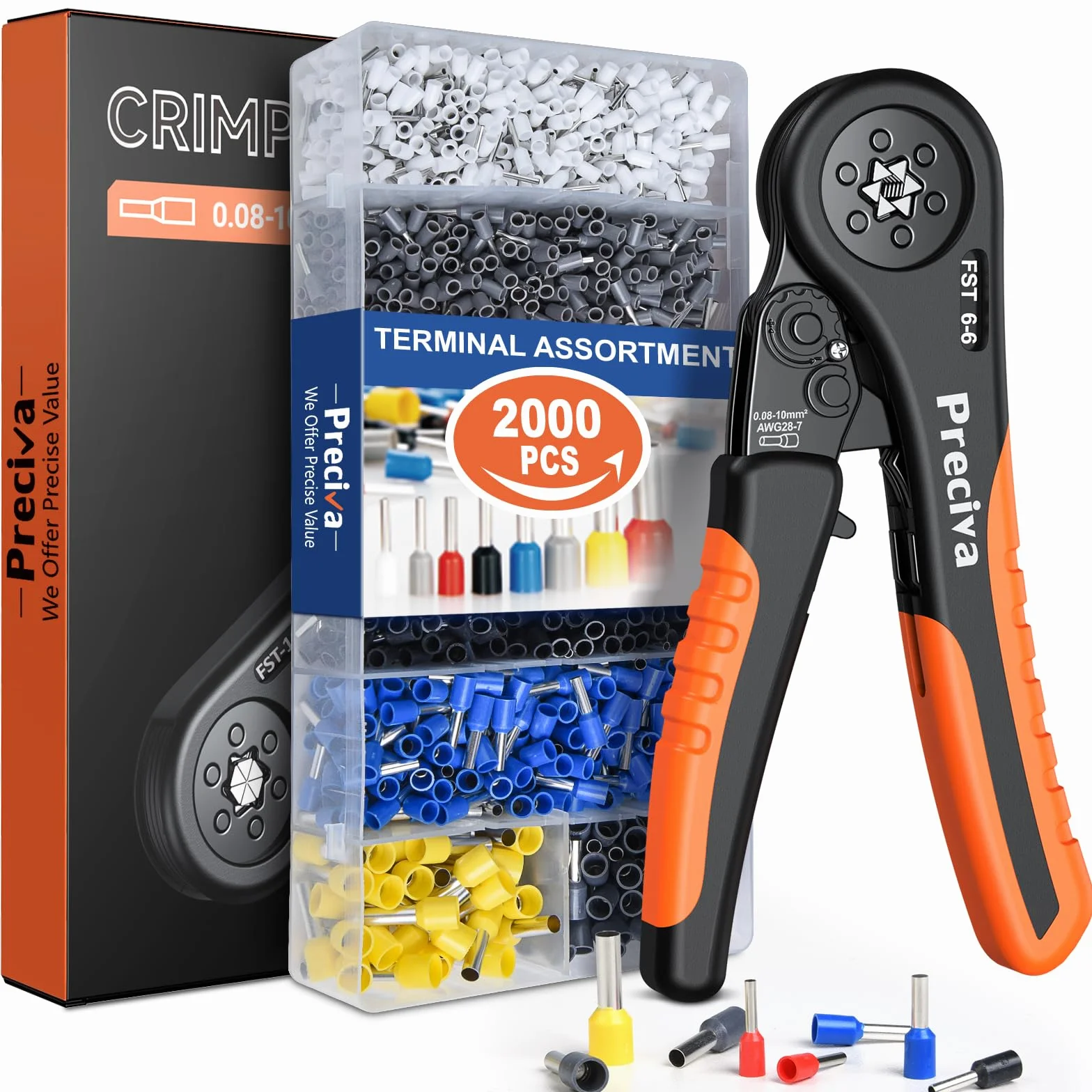 Pinza Crimpatrice Esagonale,Preciva autoregolante a cricchetto Wire Esagonale Pinza per terminali,utilizzato per 0,08-10 mm² estremità del cavo Manicotti con 2000 Pcs Connettore del Cavo