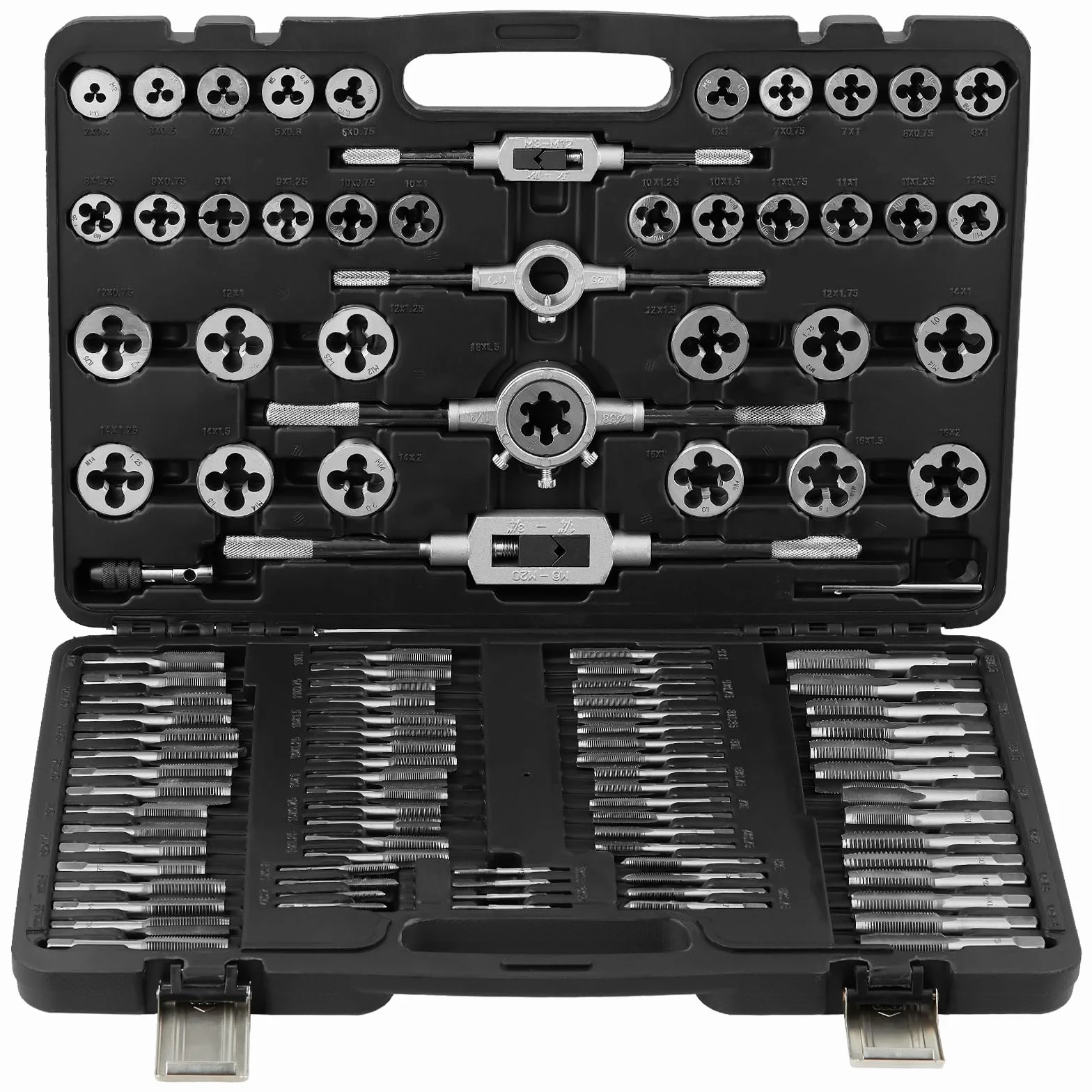VEVOR Set di Filiere Maschi Utensili per Filettatura Misura Metrica M2-M18 110 Pezzi in Totale, Set per Rubinetti Matrici in Lega di Zinco Utensili per Filettature in Valigetta, Set Rubinetti Chiavi