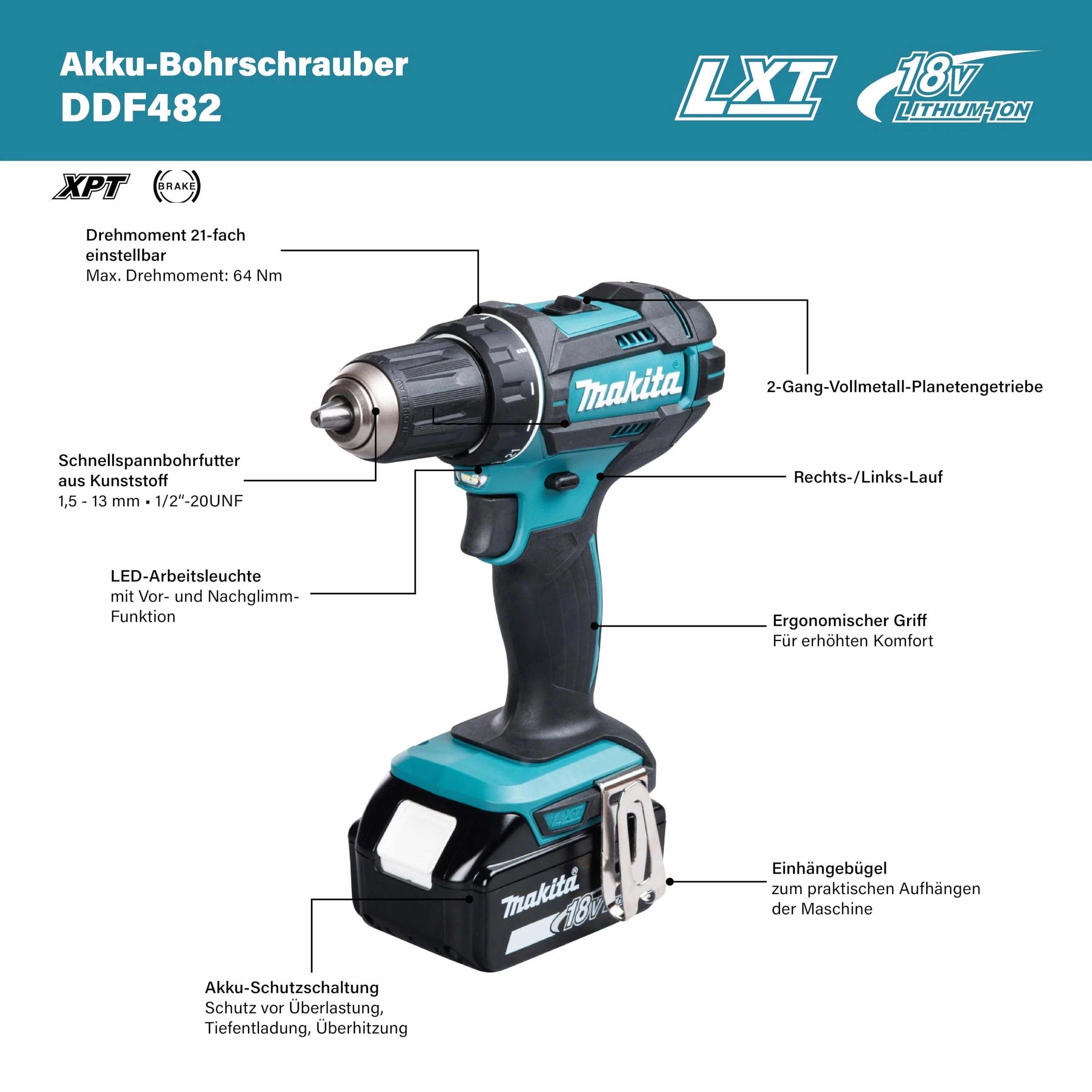 Makita DDF482Z Trapano avvitatore a batteria, 60Nm 18V - Senza Batteria E Caricabatteria