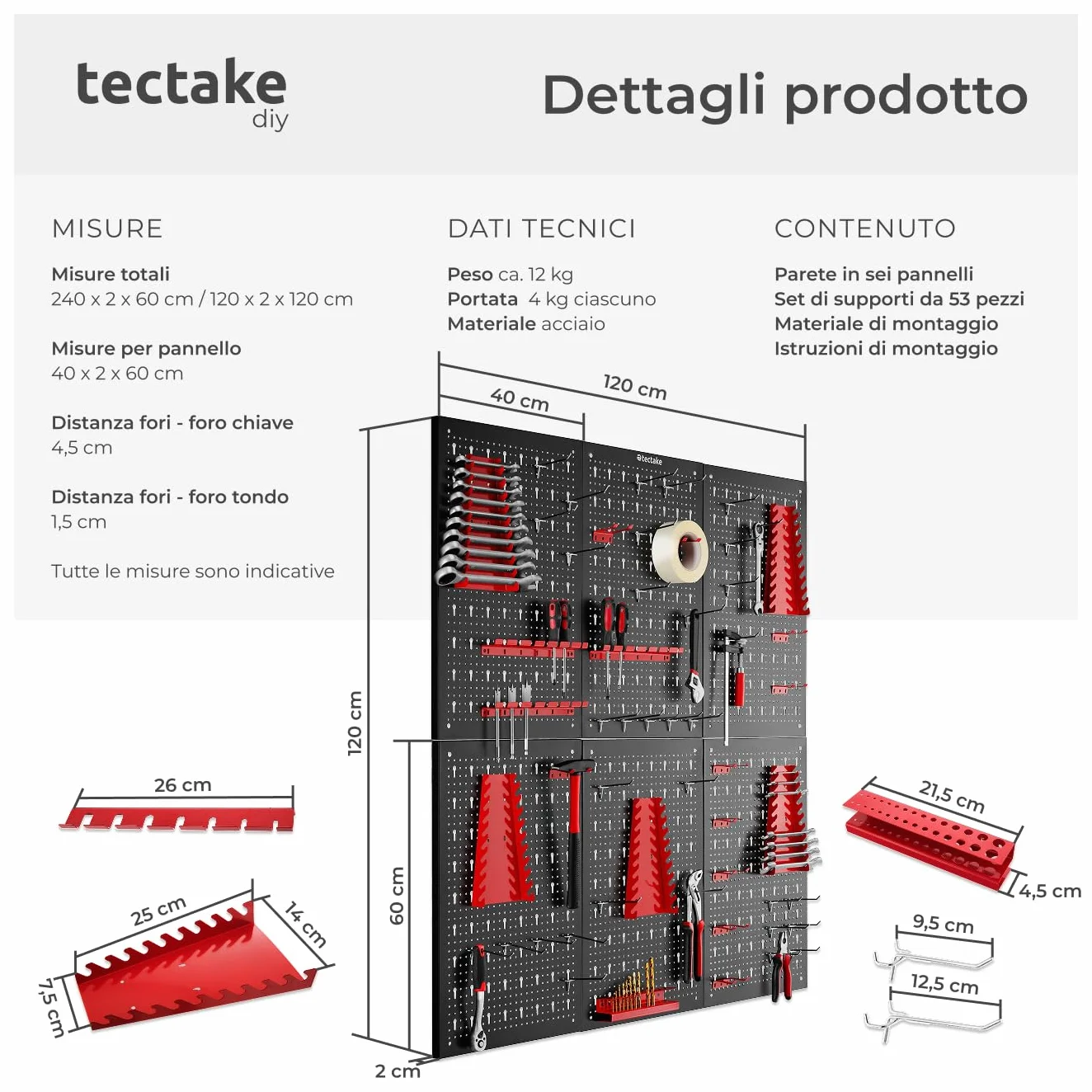 TecTake Pannello Forato Portautensili, 6 Pannelli, 53 Ganci e Sostegni, Espandibile, Adattabile per Garage e Officina