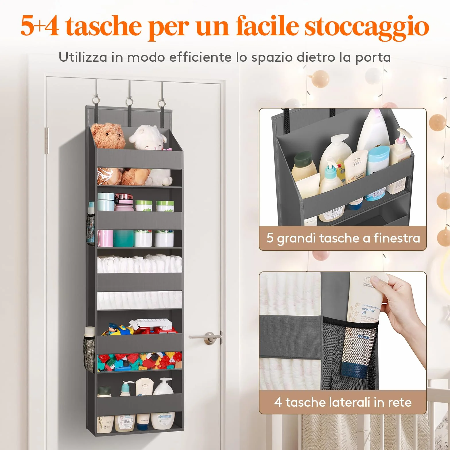 Lifewit Portaoggetti da Appendere 4 Tasche Laterali 2 Ganci Capacità 18 kg 5 Ripiani Grigio