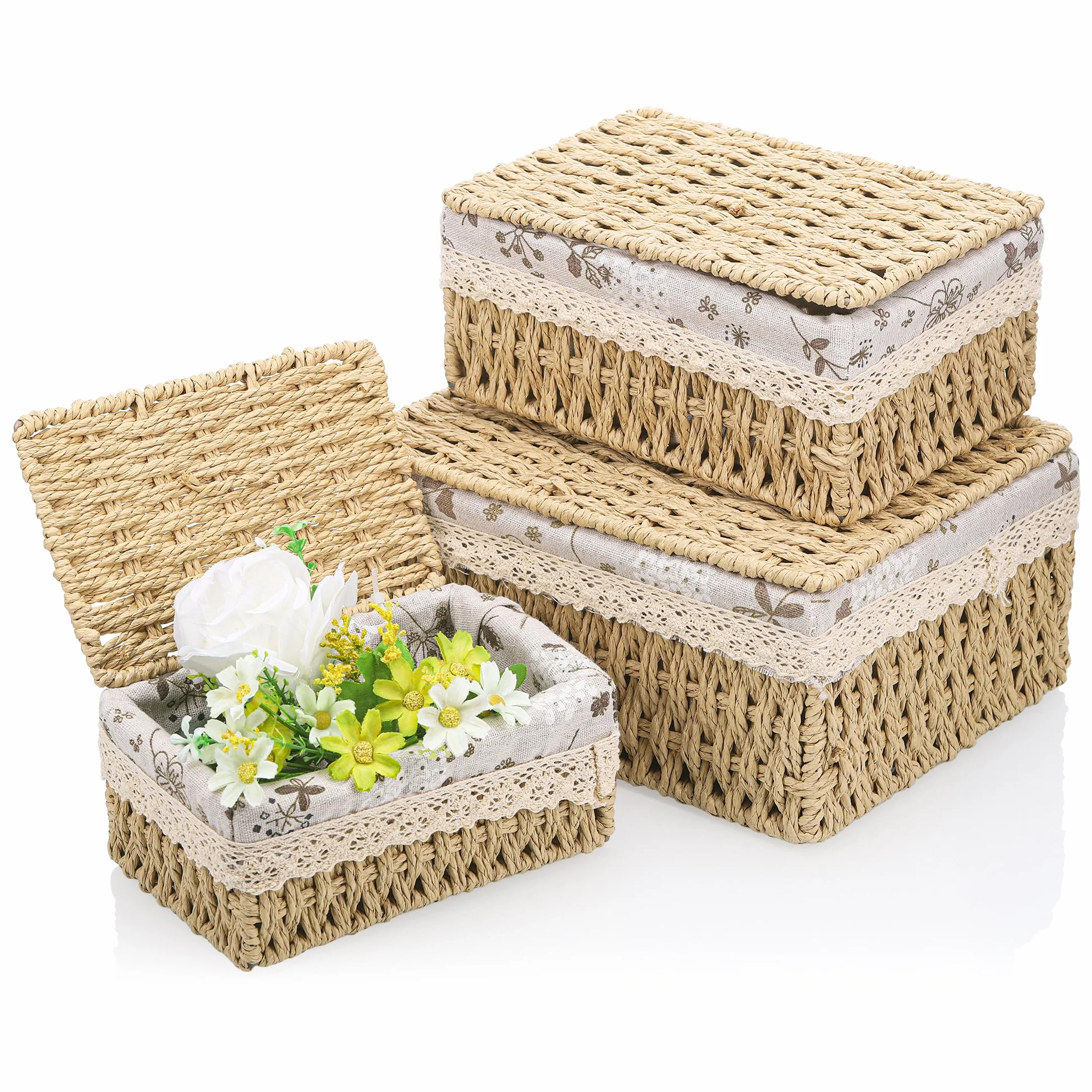 Starvortex Set di 3 Cestino Portaoggetti con Coperchio, Cestini Vimini Intrecciato a Mano, Cestini Lavabili con Fodera Rimovibile, Cestino Organizzazione per Cucina, Bagno