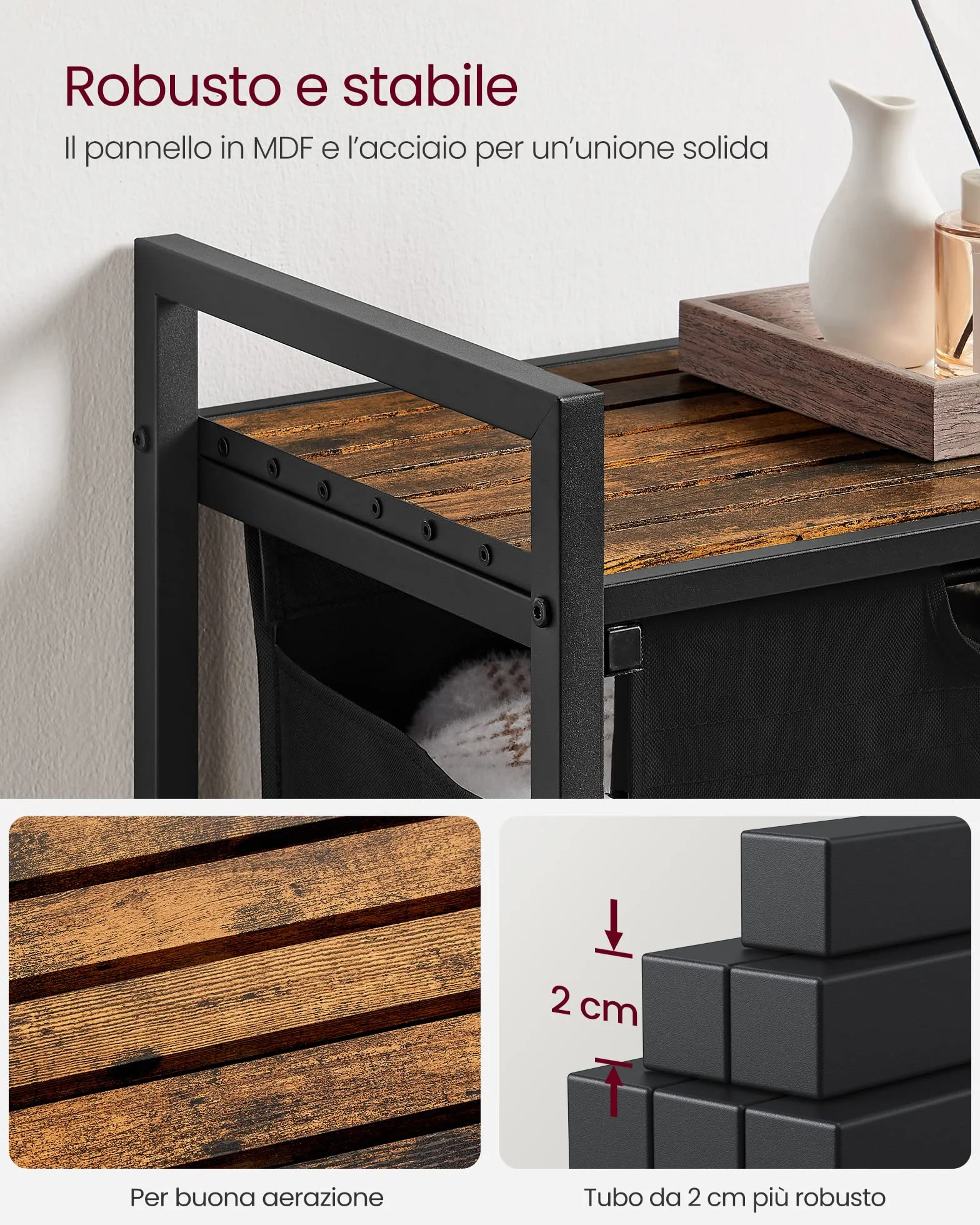 VASAGLE Cesto Portabiancheria, Porta Biancheria, 2 Sacchi in Tessuto Rimovibili, Piano d’Appoggio, Metallo, 2 x 46 L, 73 x 33 x 72 cm, Nero Inchiostro e Marrone Vintage BLH201B01
