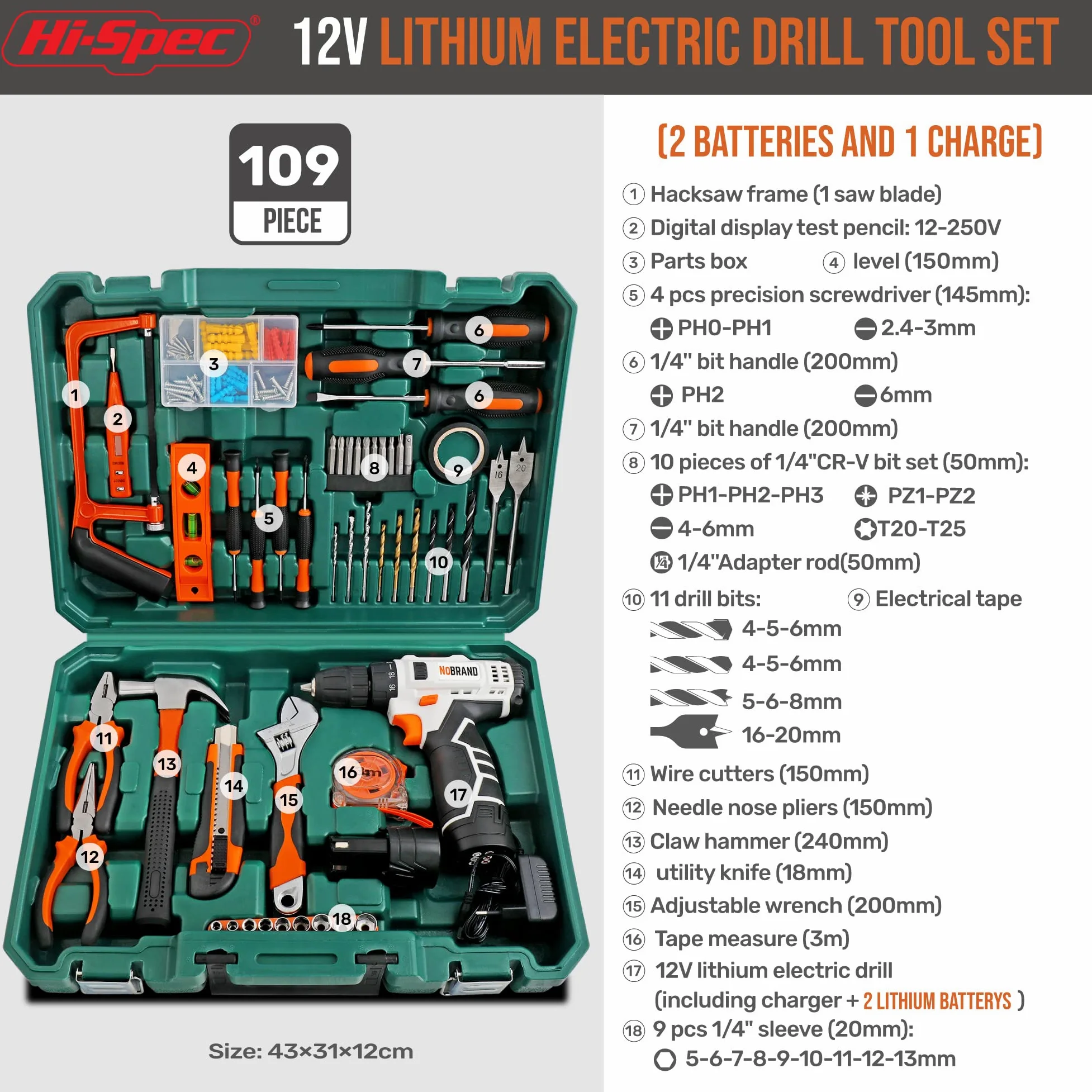 Hi-Spec Trapano Avvitatore 12V, Kit Casa e Ufficio | montaggi e riparazioni più rapidi, controllo facile e uso intuitivo, design leggero per lavorare senza fatica, 49 pc