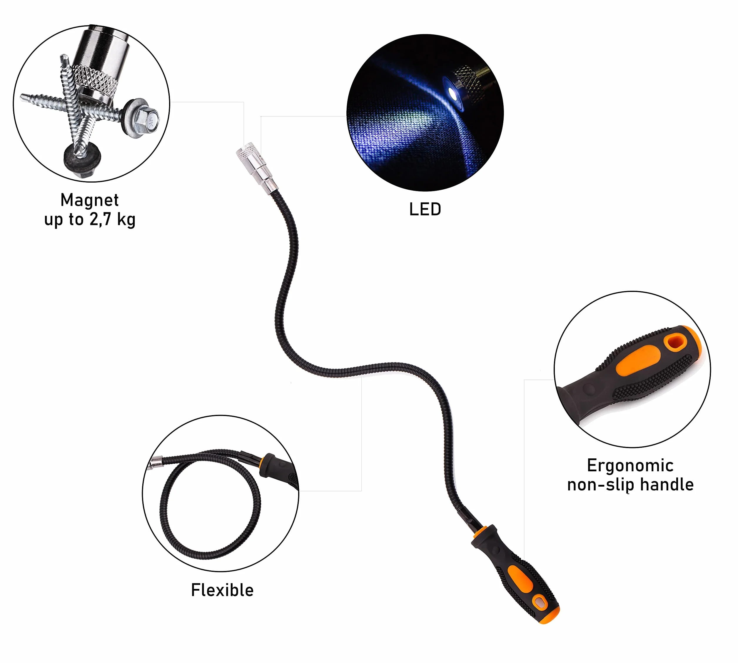 Mivos Sollevatore Magnetico Flessibile con LED - Asta Magnetica Flessibile 560 mm - Pinza Magnetica - 2,7 kg Forza di Trazione - Utensile Magnetico