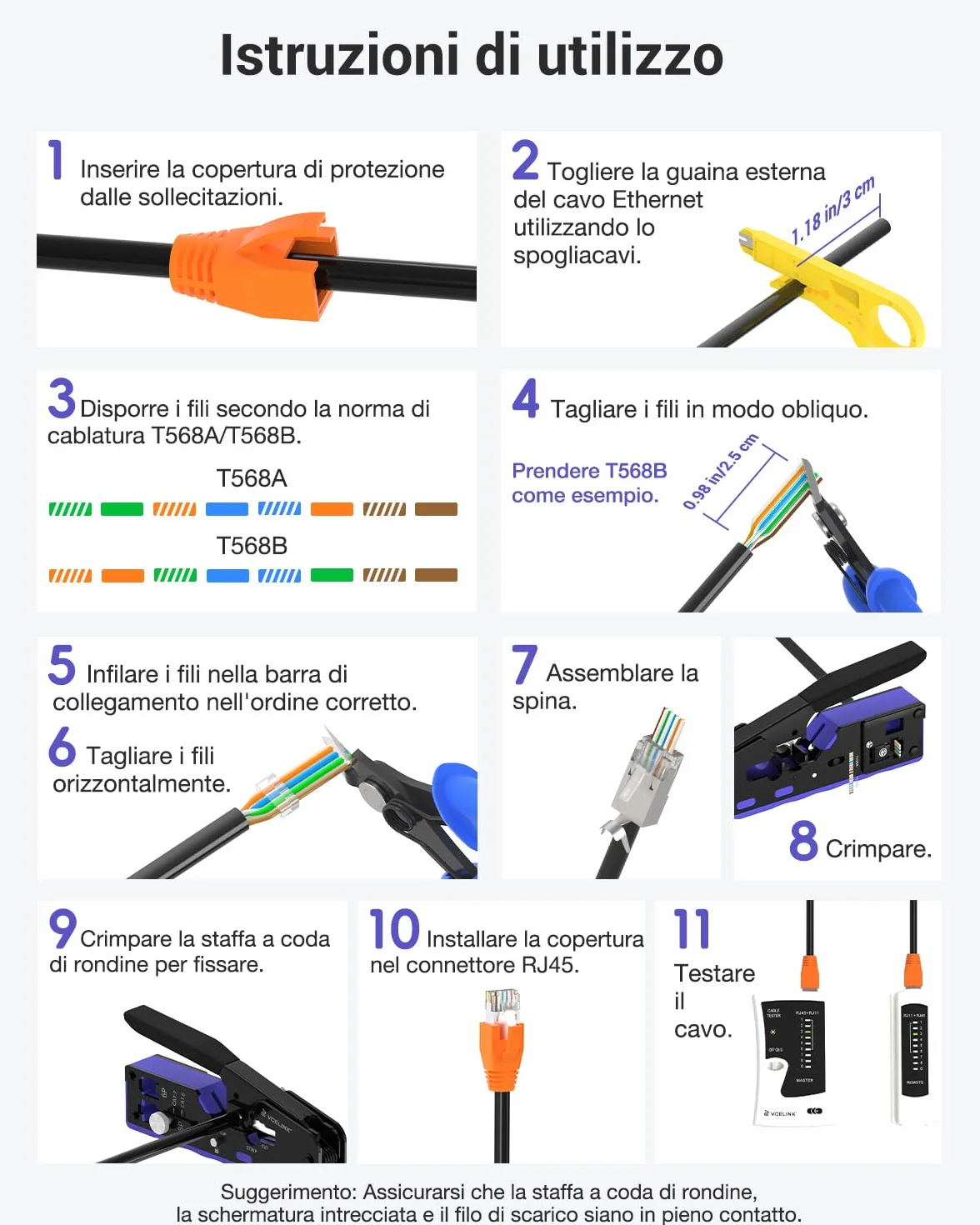 VCELINK Kit Strumenti di Rete con Crimpatrice RJ45 Passante, Compatibile CAT7/CAT6A/CAT6/CAT5E/CAT5, con 20 Pezzi Connettori Schermati, Tester LAN e Mini Spelafili, Borsa Portatile