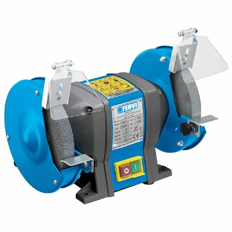 Fervi– Smerigliatrice da Banco con Mola a Secco, Corpo in Metallo, Schermi di Protezione, Pulsante Start/Stop, Con Supporto per Appoggio Pezzo, per Levigatura e Rettifica di Metalli e Leghe, Fai da Te